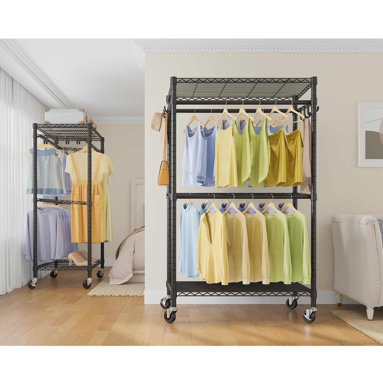 VIPEK R2 Pro Rolling Garment Rack 2-Sided Hanging Heavy Duty Clothes Racks with Wheels Adjustable Shelves Hanging Rods Metal Portable Closet Storage Freestanding Clothing Rack, Max load 600lbs, Black