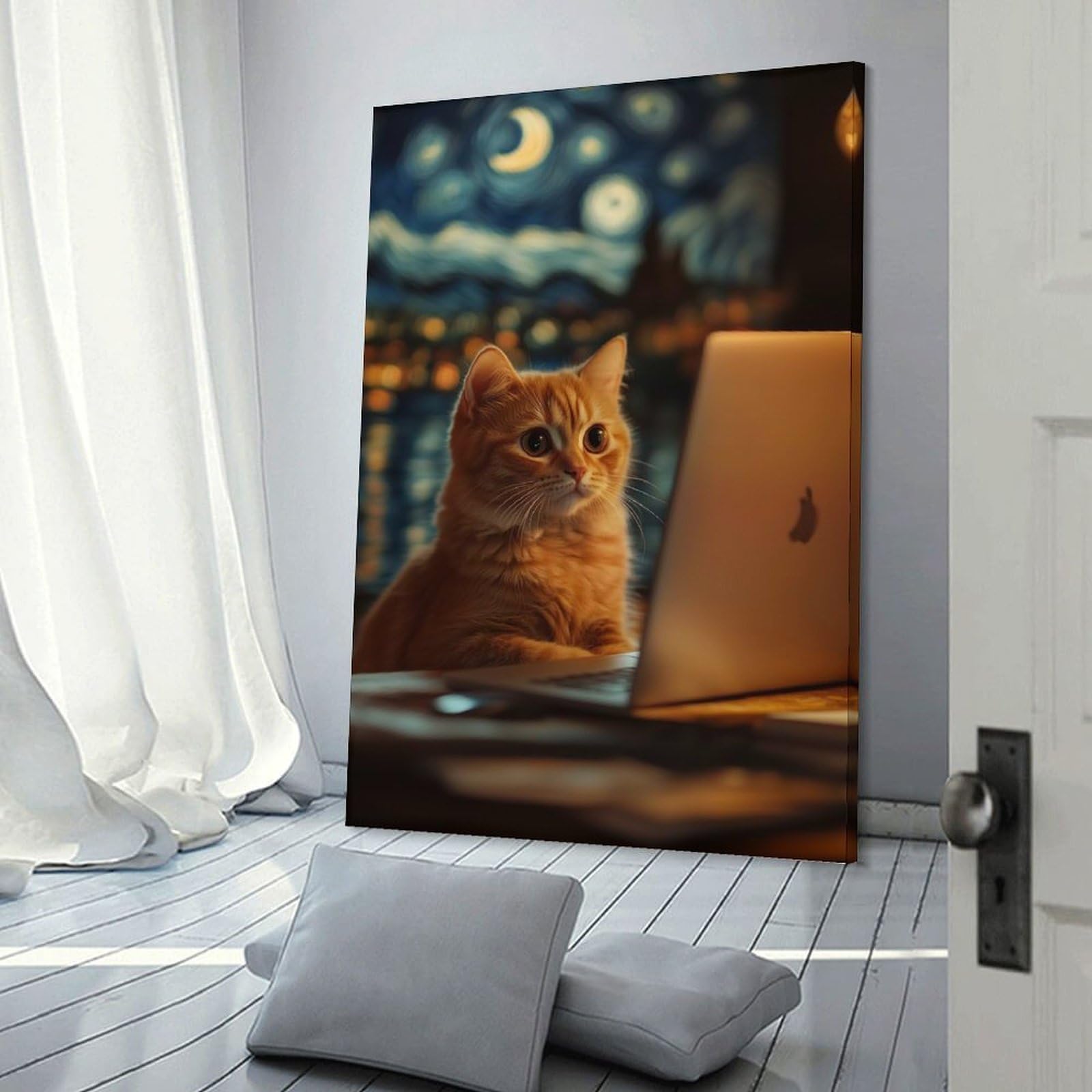Junmoney Frame-Style-24 Funny Orange Cat Using Laptop In Starry Night Canvas Wall Decor, 24X36inch(60X90cm), For Wall Displays, Bedrooms Or Room Updates, Wall Decor Suited To Curated Displays