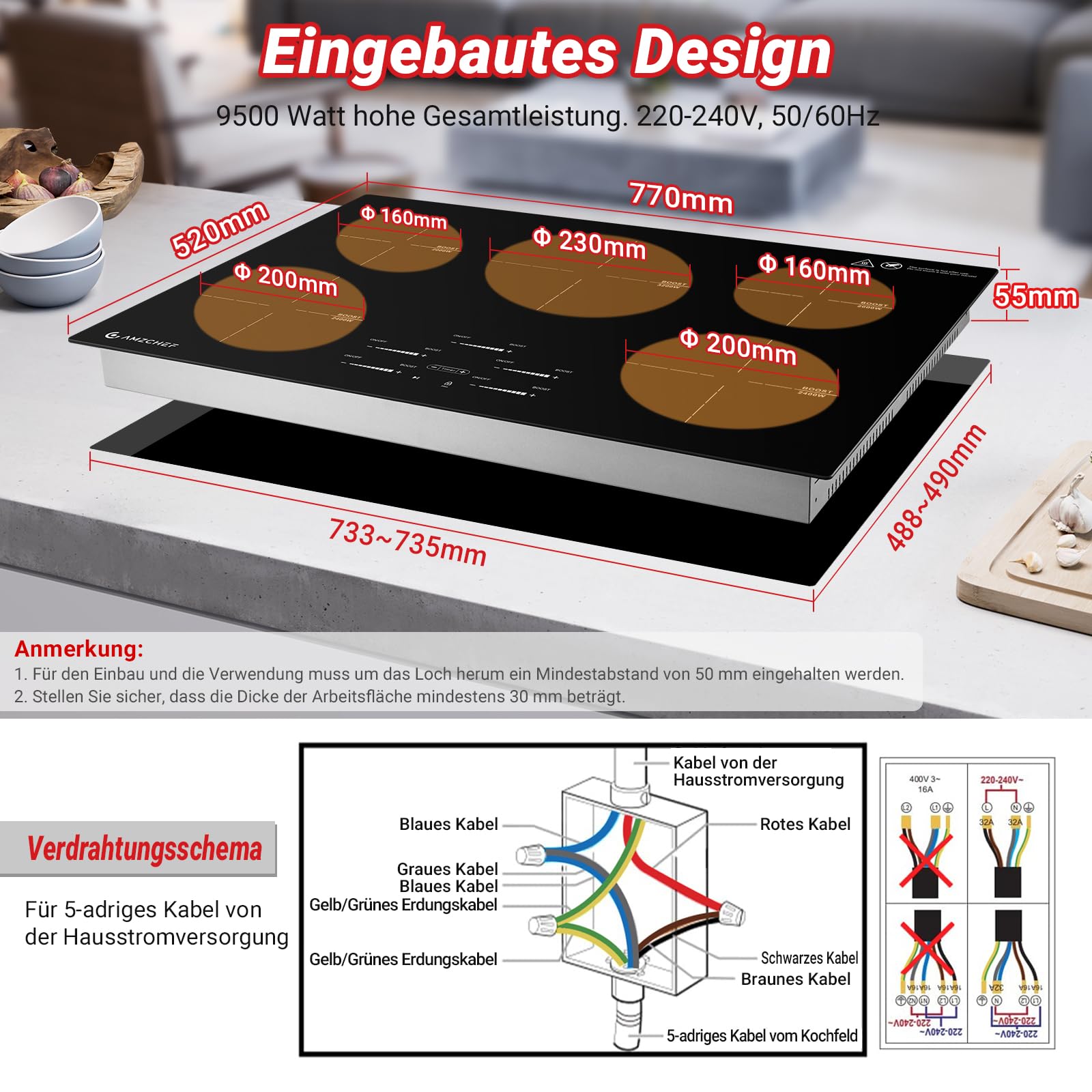 AMZCHEF Induktionskochfeld 80cm, 5 Zonen, 9500W, Booster, Slider-Steuerung