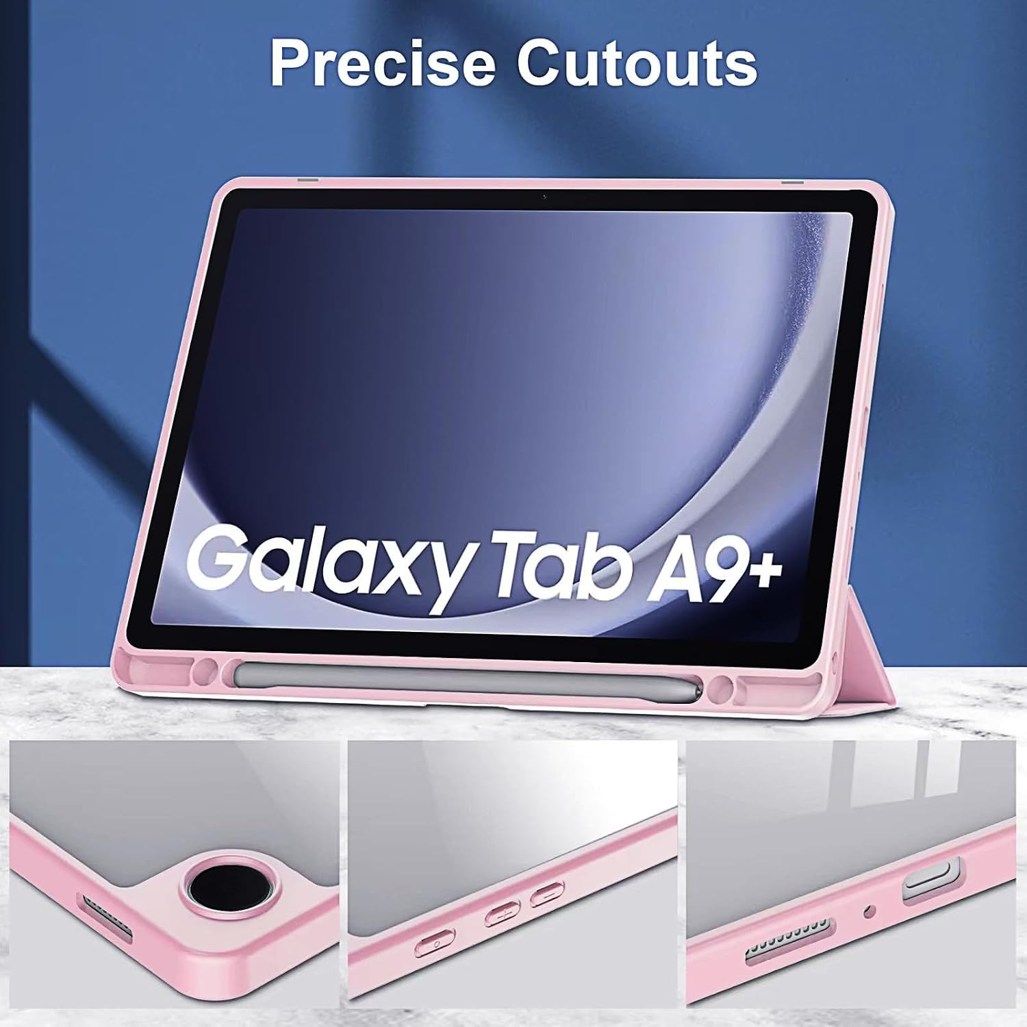 Capa para Samsung Galaxy Tab A9 Plus 11 Polegadas 2023 Capinha Protetora Fina Capa Traseira Transparente com Suporte para Lápis Completa Anti-Impacto Auto Sleep Tampa Magnética - Rosa