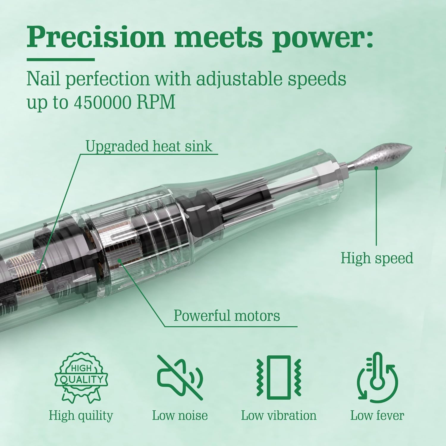 Electric Nail Drill Kit - Low Heat, Low Vibration Professional Acrylic Nail Drill Machine with 6 Bits and Sanding Bands, Great for Home or Salon Mani-Pedis (Green)