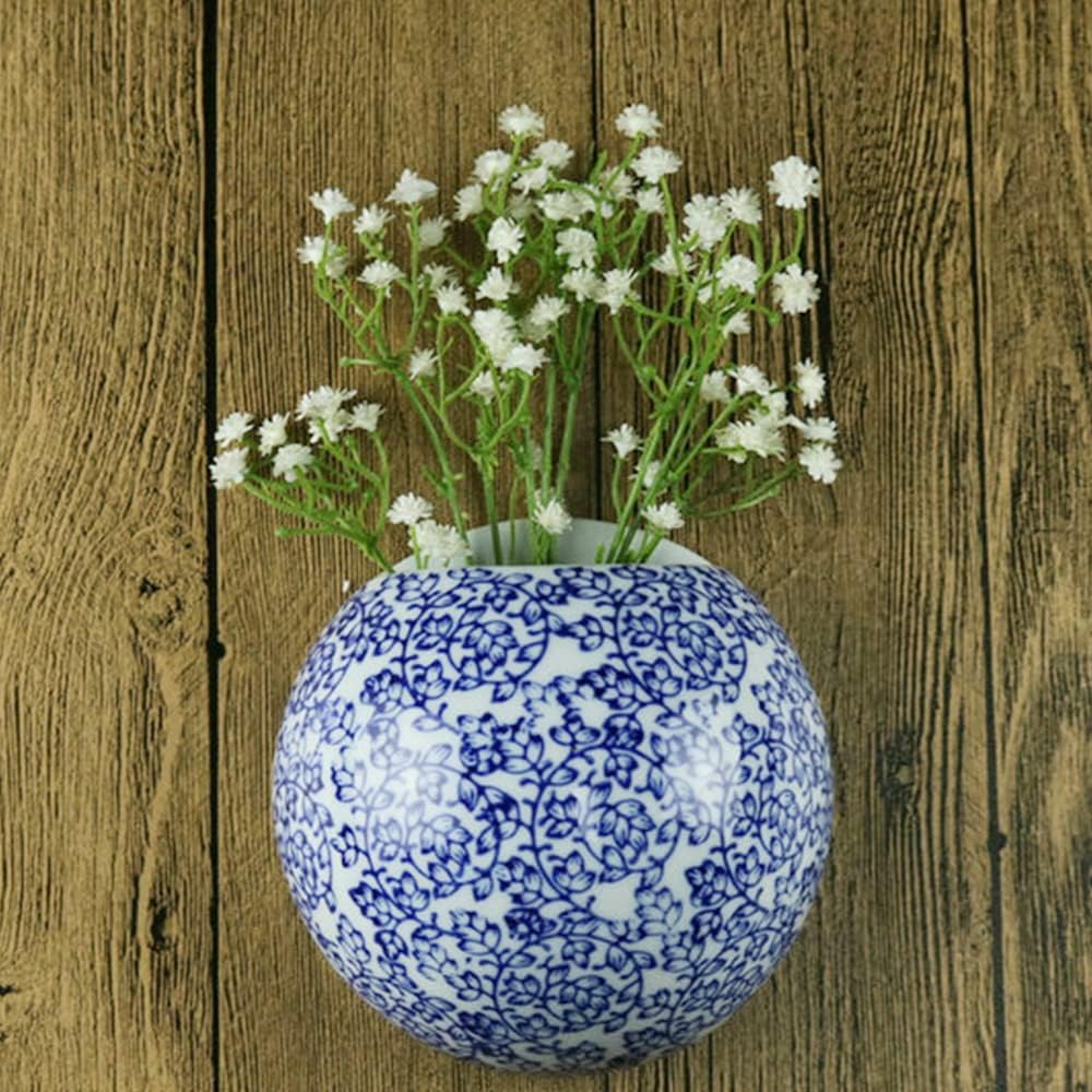 Blue & White Porcelain Wall Vase Pack of 2,Small Wall Mounted Hydroponic Vase Flower Holder Dried Flower Vase for Home Décor (F-4.9" x 4.9")