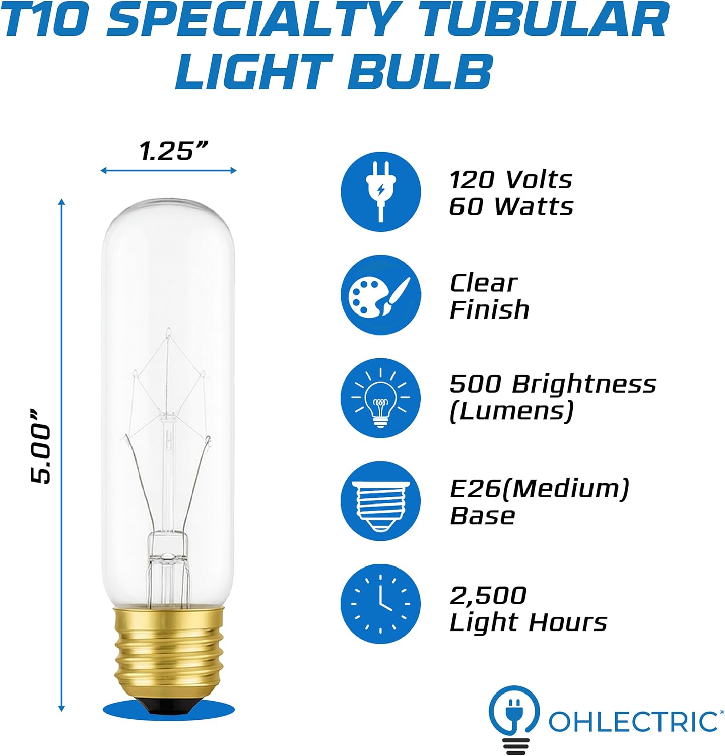 OHLECTRIC 60W Incandescent Light Bulbs (6-Pack) 60 Watt T10 Tubular Bulb, Clear Glass, E26 Medium Base, 120V, Warm White 2700K, Dimmable Decorative Lamp for Pendant, Sconce & Chandelier Lighting