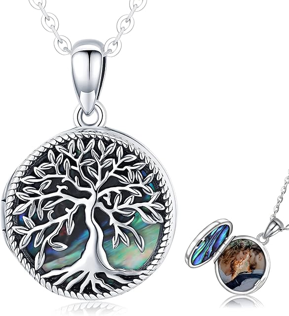 Friggem Tree of Life Locket Necklace 925 Sterling Silver Pendant Photo Locket with Abalone Shell Memory Jewelry Gifts for Women Girls Mum