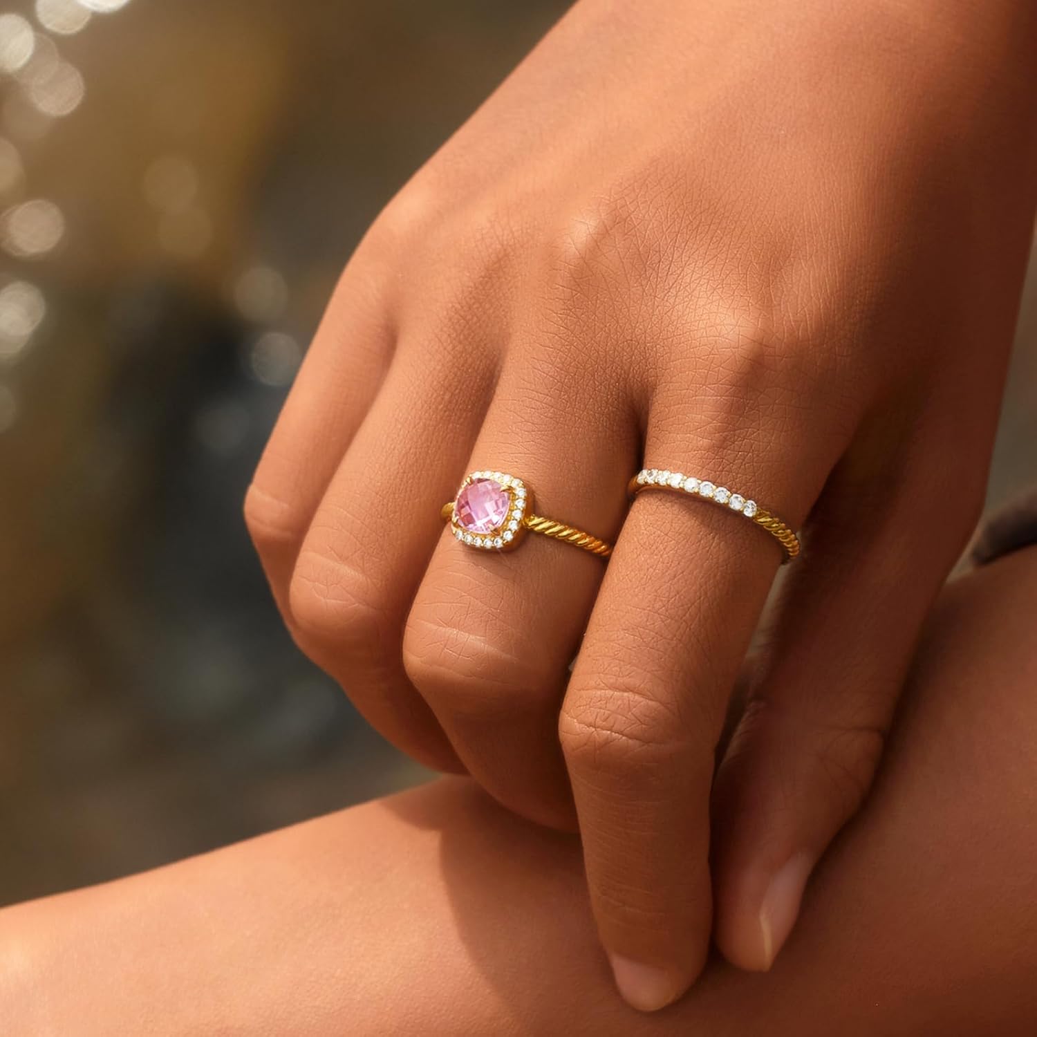 STORYJEWELLERY Pink Stone Ring, Halo Rings, Elongate Cushion Cut Engagement Ring, Cocktail Rings for Women