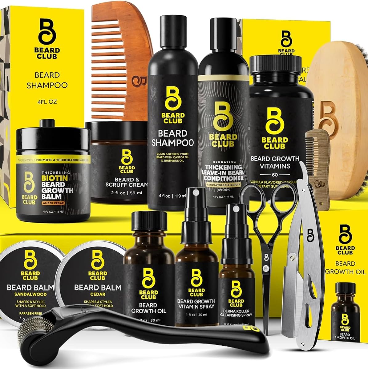 The Beard Club Ultimate Beard Growth Kit - Derma Roller, Growth Oil, Vitamins, Vitamin Spray, Biotin Balm, Conditioner, Cream, Balms, Shampoo, Razor, Scissors, Combs, Brush, Cleansing Spray - Gift Set