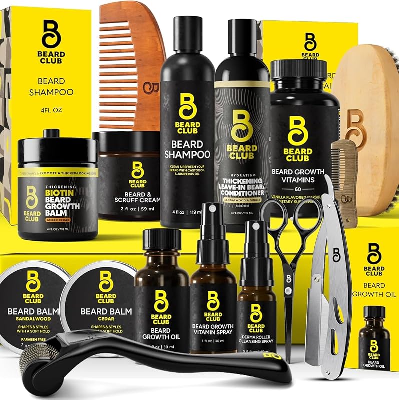 The Beard Club Ultimate Beard Growth Kit - Derma Roller, Growth Oil, Vitamins, Vitamin Spray, Biotin Balm, Conditioner, Cream, Balms, Shampoo, Razor, Scissors, Combs, Brush, Cleansing Spray - Gift Set