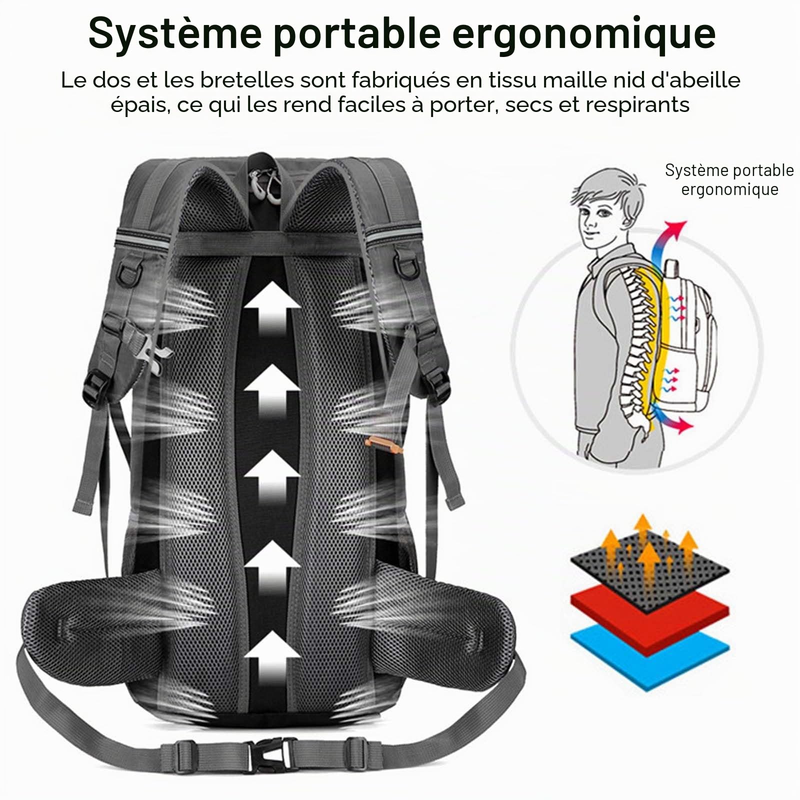 Sac à dos de Randonnée 50 L Homme et Femme, Grand Sac à dos étanche Noir avec Housse de Pluie pour Cyclisme, Randonnée, Camping, Alpinisme, Sports de Plein Air