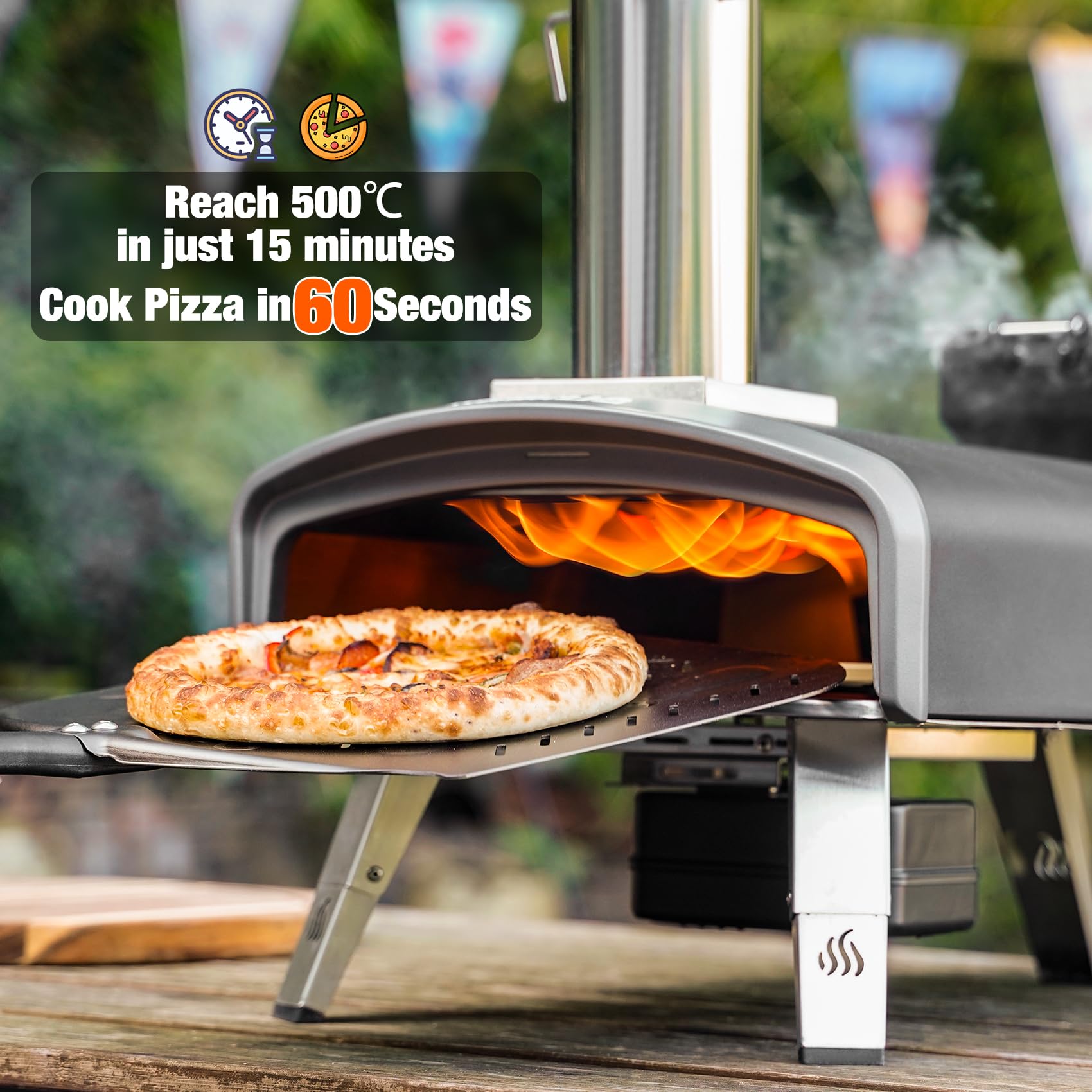 Mimiuo Pellet Pizzaofen mit Drehfunktion 33cm Pizzastein Tragbar Outdoor Schwarz