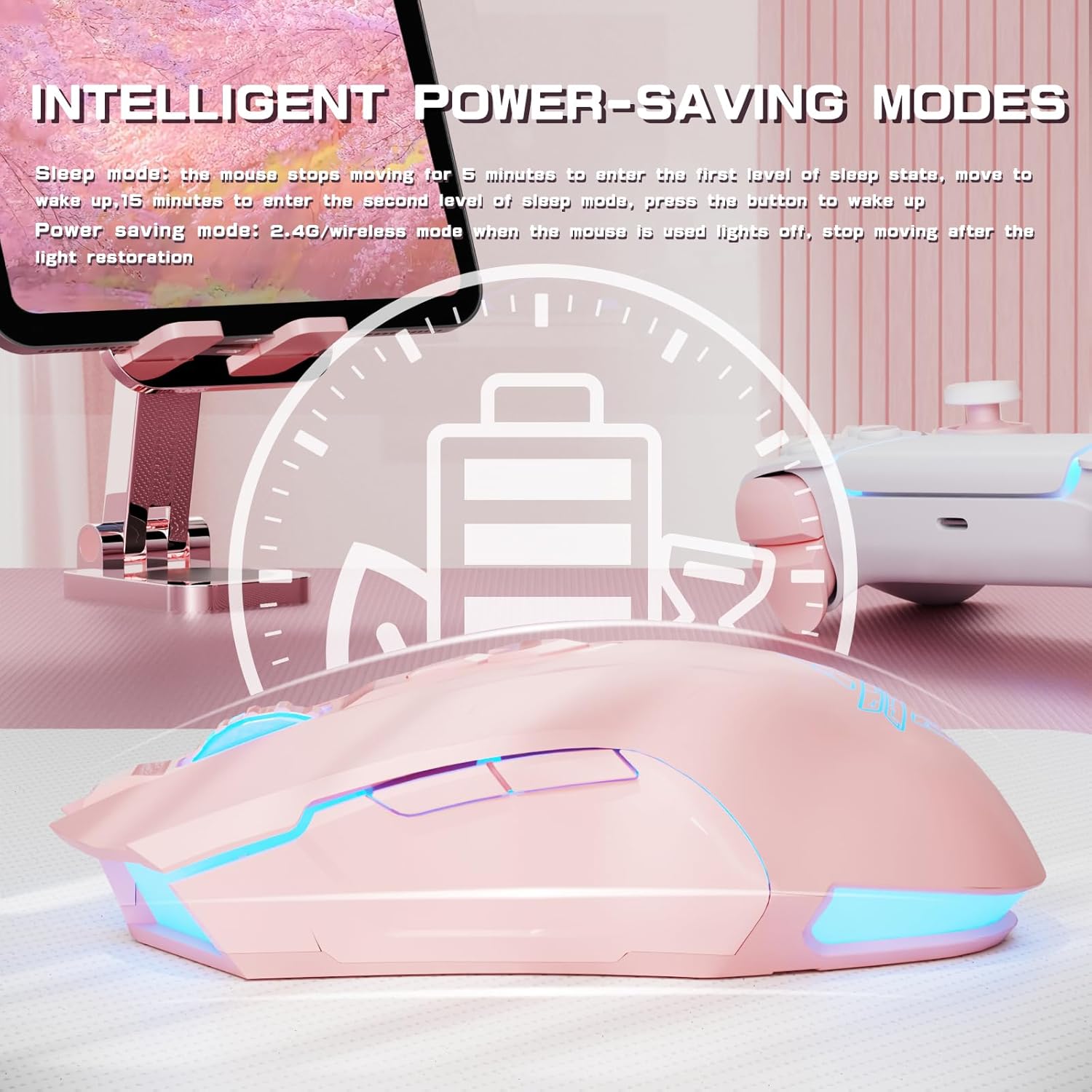 AJ52PRO Wired Wireless Bluetooth Gaming Mouse with RGB LED Backlight Adjustable 10000DPI Ergonomic 7 Programmable Button Rechargeable 800mAh Battery 2.4Ghz USB Receiver for PC Mac PS4 Xbox Gamer(Pink)