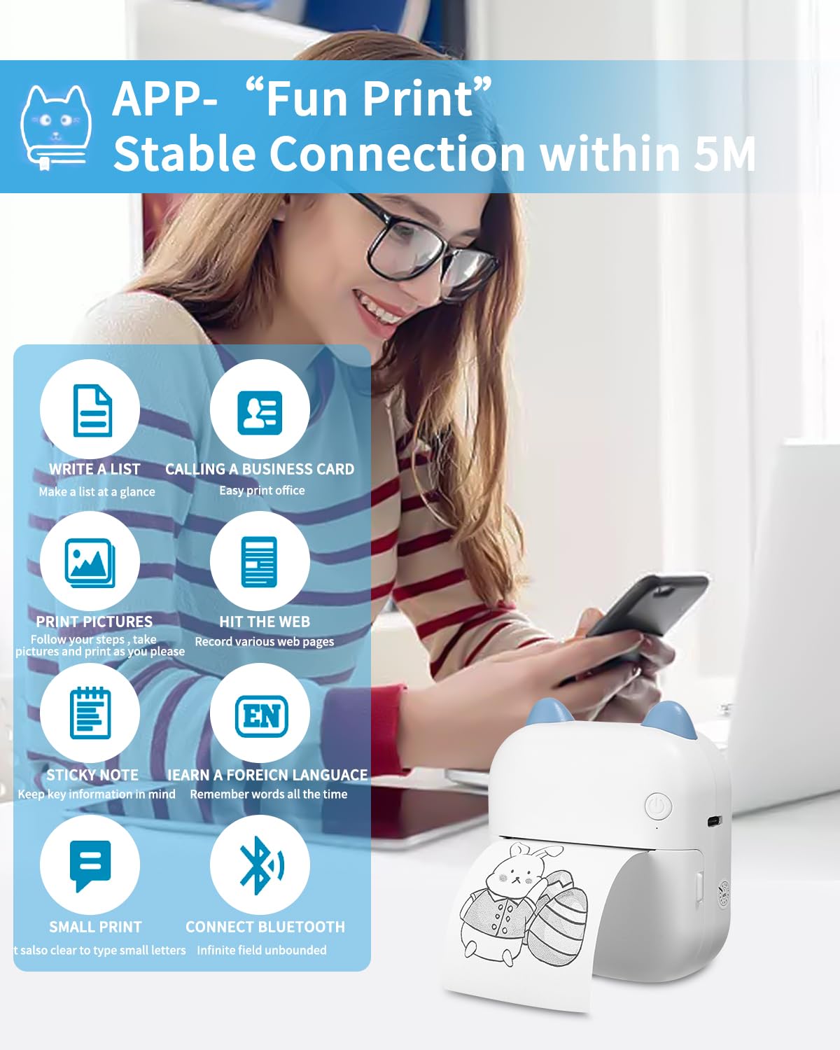A Mini-Bluetooth-printer, Draagbare Fotoprinter, Met Oplaadbare Batterij En Usb Kabel Pocket Thermoprinter Mini Stickerprinter Veelzijdig Voor Het Afdrukken Van Logo Notities Dagboek Lijst Memo