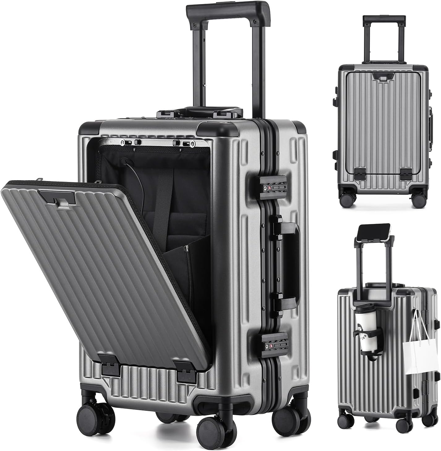 VATILIN 20 Inch Aluminium Frame Carry On Luggage Airline Approved With laptop compartment, Zipperless Hard Shell Travel Suitcase with TSA Approved Cup Holder USB Port Holder for Women Men,Grey