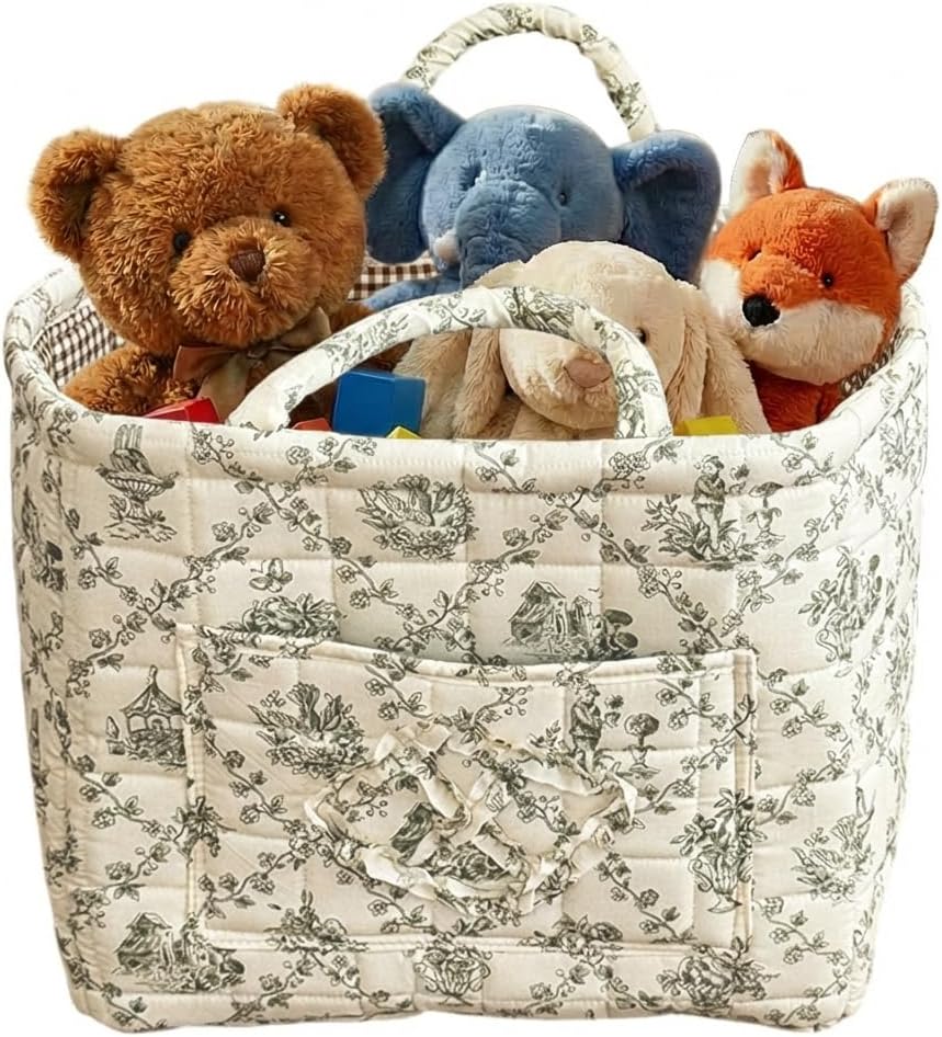 Quilted Fabric Basket Car Storage Basket Boho Floral Laundry Hamper for Nursery Bedroom & Living Room | Organize Clothes Toys