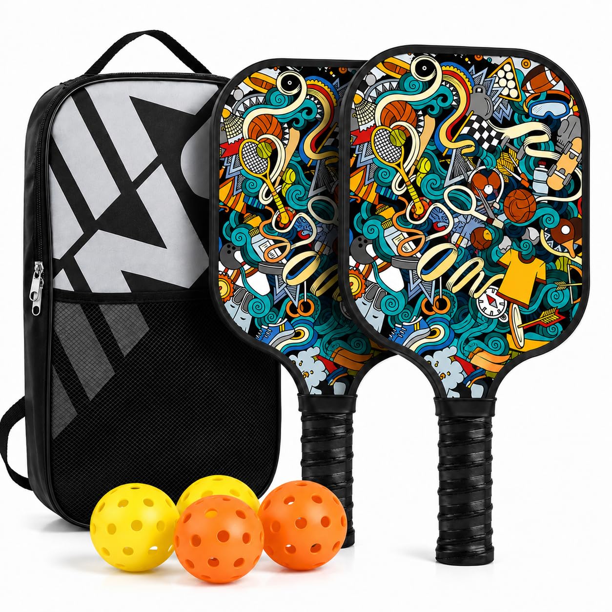Pickleball Paddle Set with 2 Premium Graphite Paddles | Honeycomb Composite Core & Cushion Comfort Grip | Includes 2 Outdoor Balls, 2 Indoor Balls & Portable Carry Bag | Hand Drawn Doodles Design-image-12