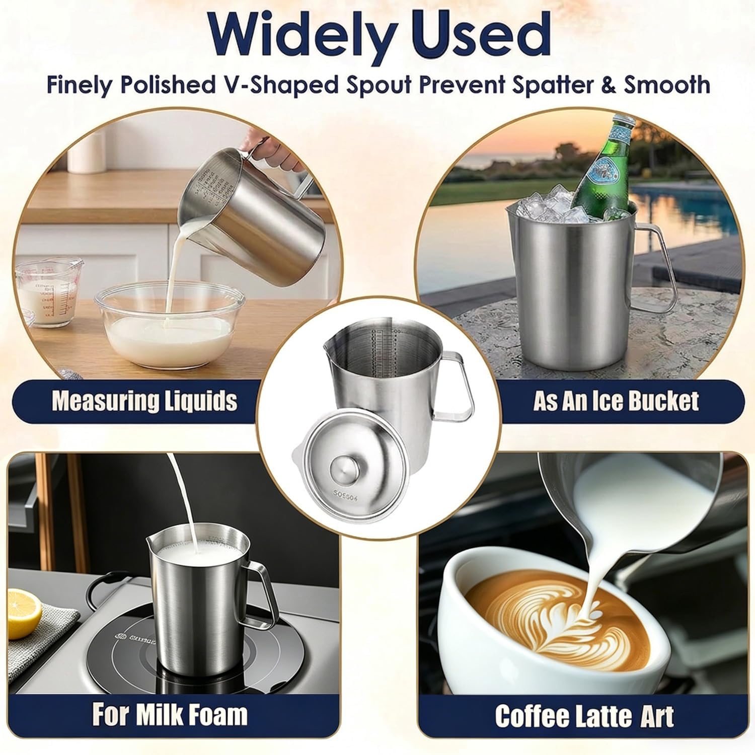 70oz Stainless Steel Measuring Cup with Lid, 2L Metal Pitcher Measuring Cup with Handle, Large Mouth Graduated Beakers, Milk Frothing Jug for Espresso Machines, Latte Art, Iced Tea, Hot/Cold Water