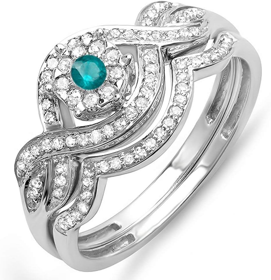 Dazzlingrock Collection 0.40 Cttw 14k Round Blue And White Diamond Bridal Engagement Ring Matching Band Set, Solid White Gold