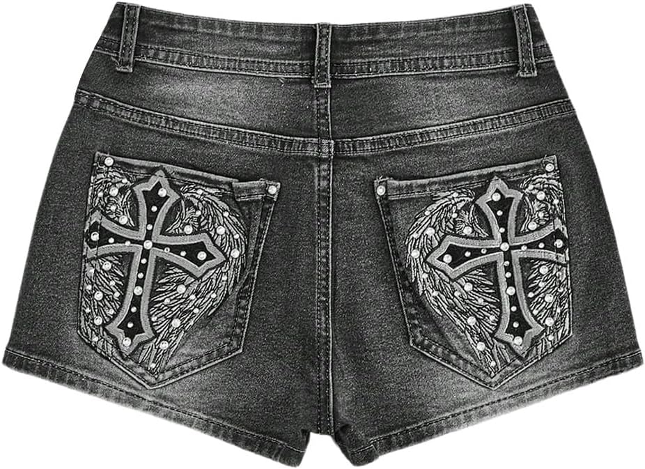 WDIRARA Women's Cross Embroidery Rhinestone Denim Shorts Y2k Grunge Punk Jean Shorts