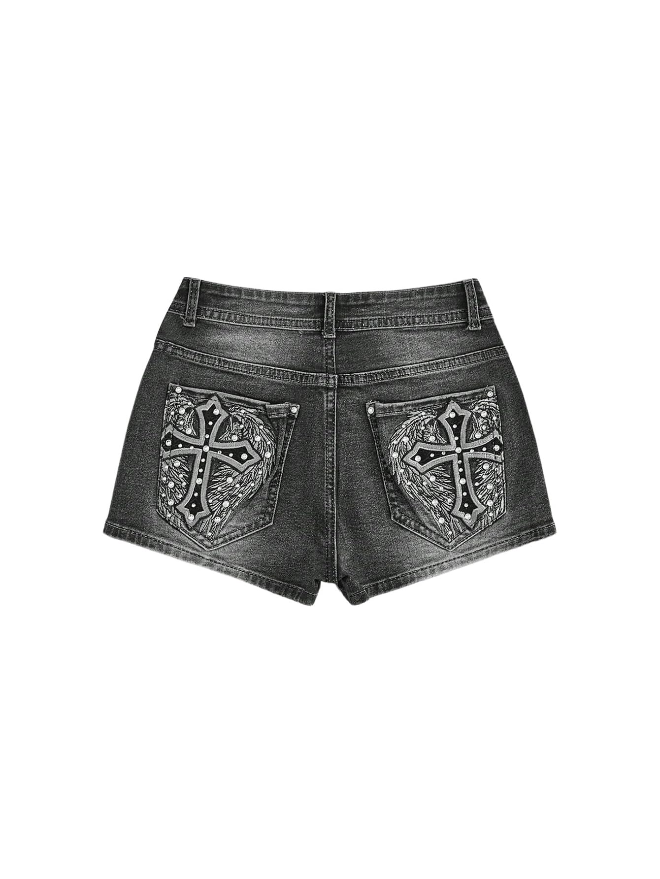 WDIRARA Cross Embroidery Rhinestone Shorts