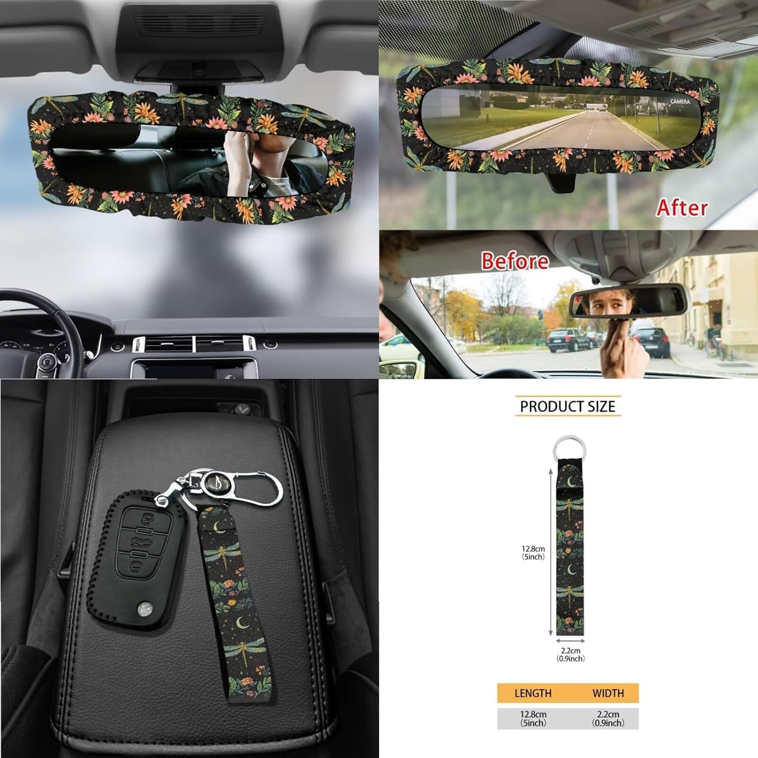 Dragonfly Moon Flower Pattern Auto Accessories Set of 15, Car Seat Cover Steering Wheel Cover Seat Belt Cover Air Vent Storage Bag Keychain Trash Bin and Mirror Cover