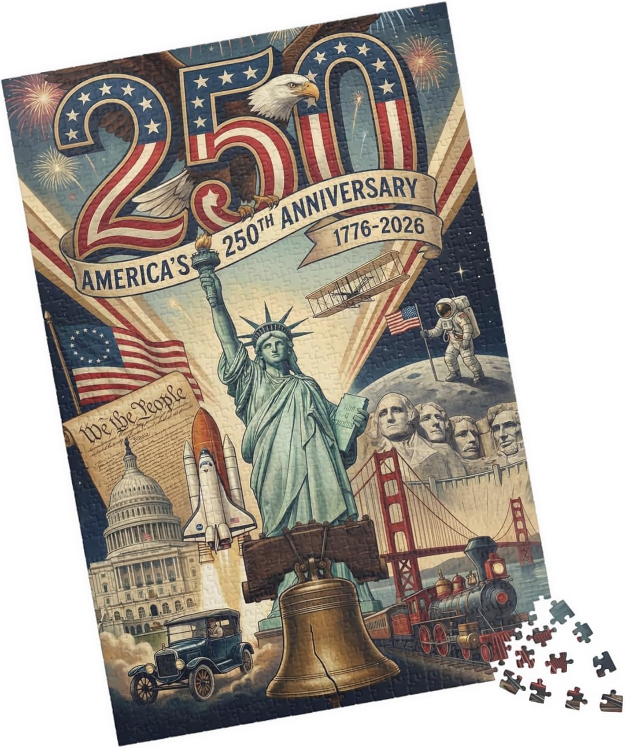 Proud Patriots America 250th Anniversary Jigsaw Puzzle Patriotic 1776-2026 Commemorative Puzzle Featuring U.S. Landmarks, Statue of Liberty & Historic Icons (520 Pieces, Chipboard Material)