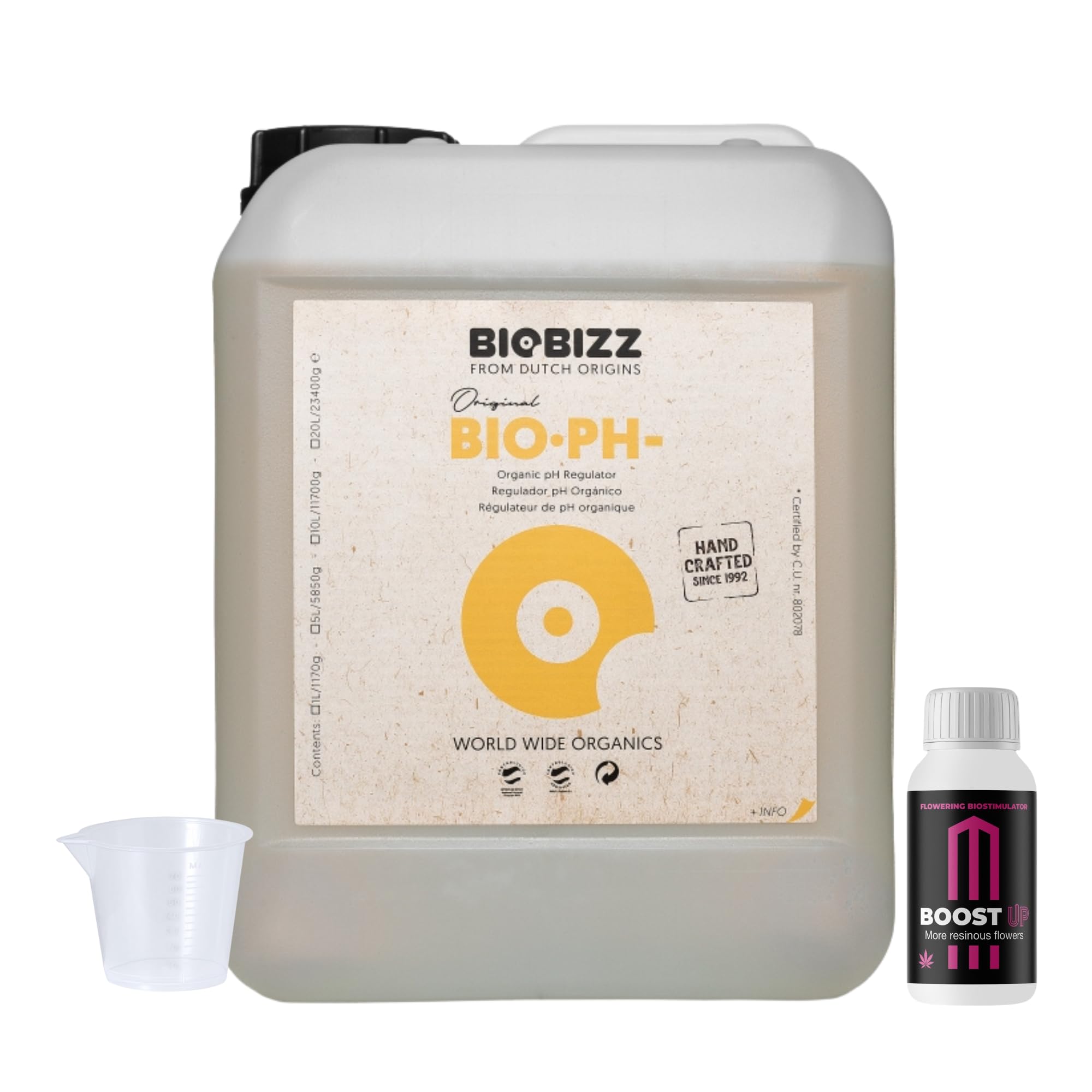 GROWMANIA Bio Down de BioBizz 5 l + échantillon Boost Up Nutrients + Verre doseur | Solution pH pour grands jardins | Assure une croissance optimale et la santé des plantes