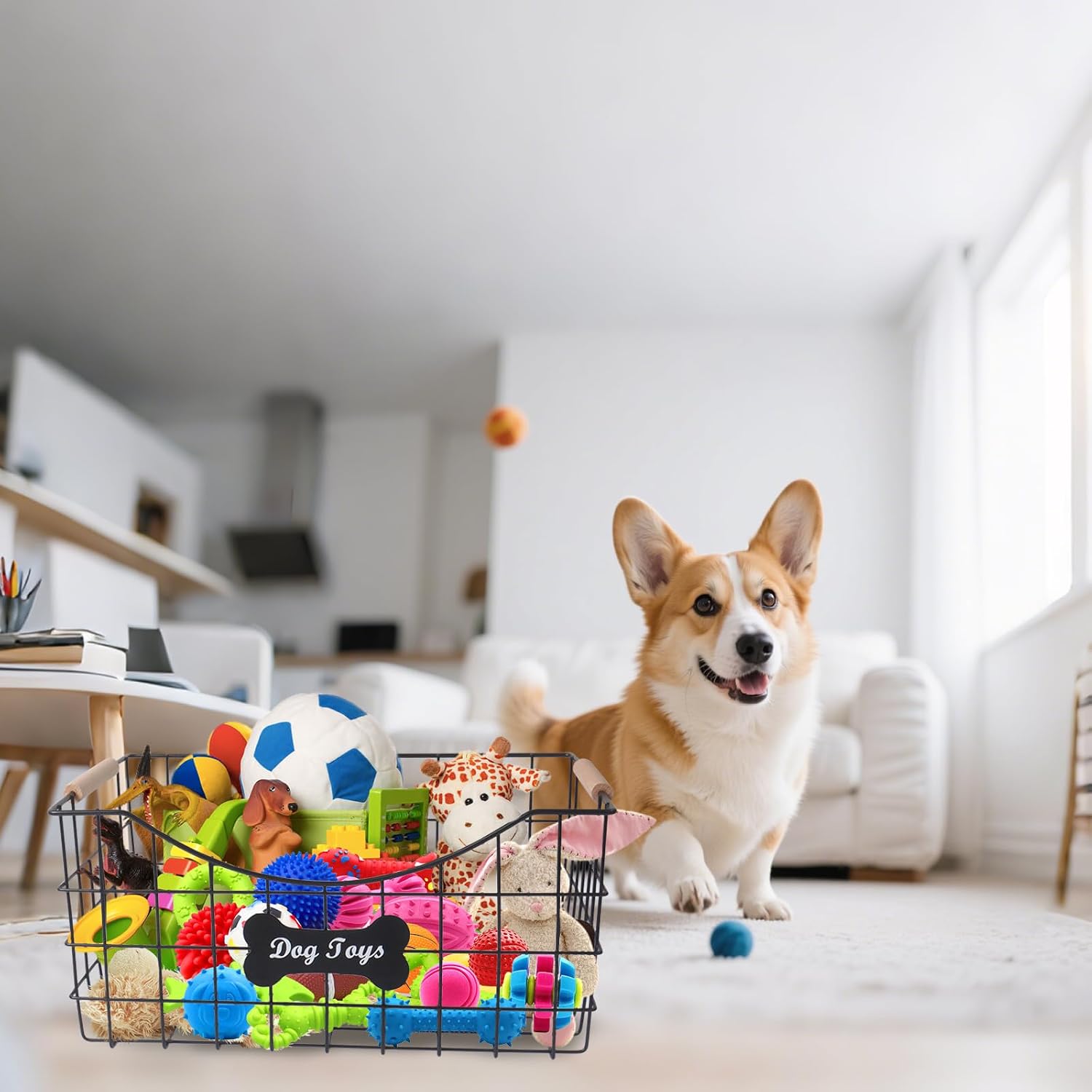 Metal Dog Toy Basket,Indestructible Dogs Toys Bin with Wooden Handle,Sturdy Pet Storage Organizer,Ideal for Leash,Blanket,Snacks-14 (L) x 9.4 (W) x 6.6 (H) inches