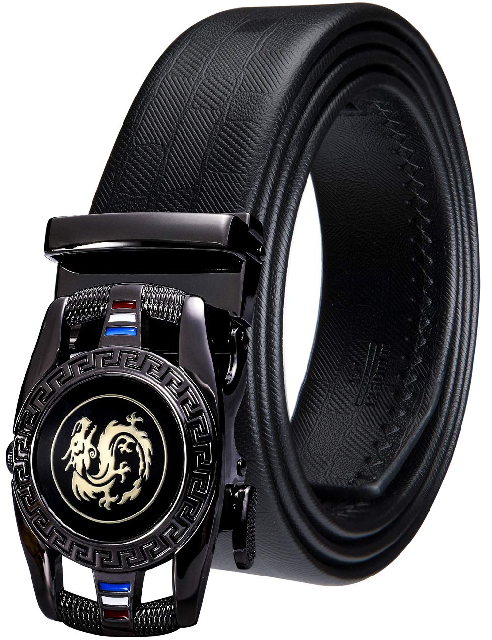 YOHOWA Mens Gold Buckle Belt, Cowhide Belt Automatic Ratchet Buckle Black Holeless for Jeans/Suit Gift Box