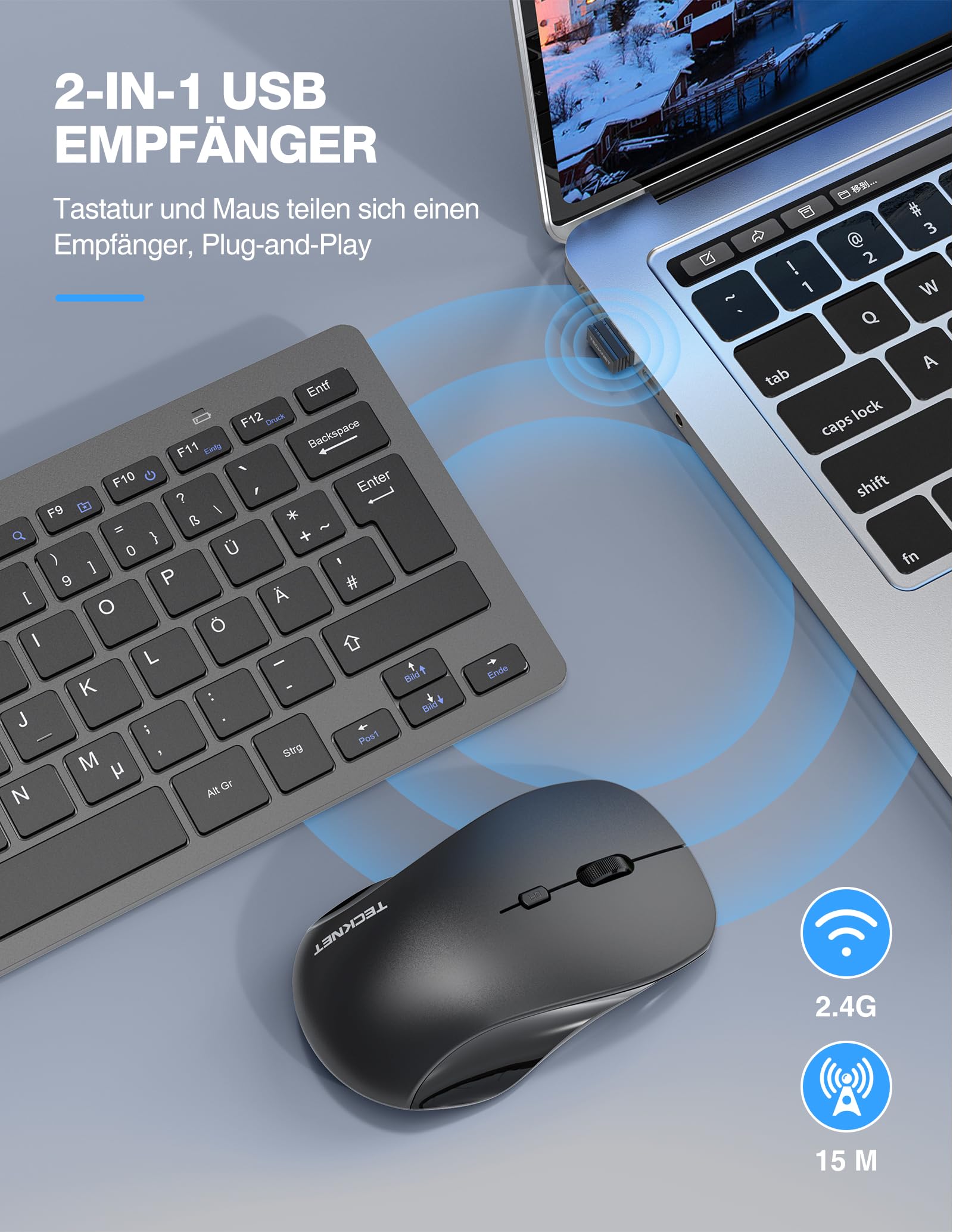TECKNET Set senza fili, con layout tedesco QWERTZ, 2,4 GHz, mini tastiera radio mouse, connessione 15 m, tastiera wireless silenziosa con mouse per PC, laptop, Smart TV