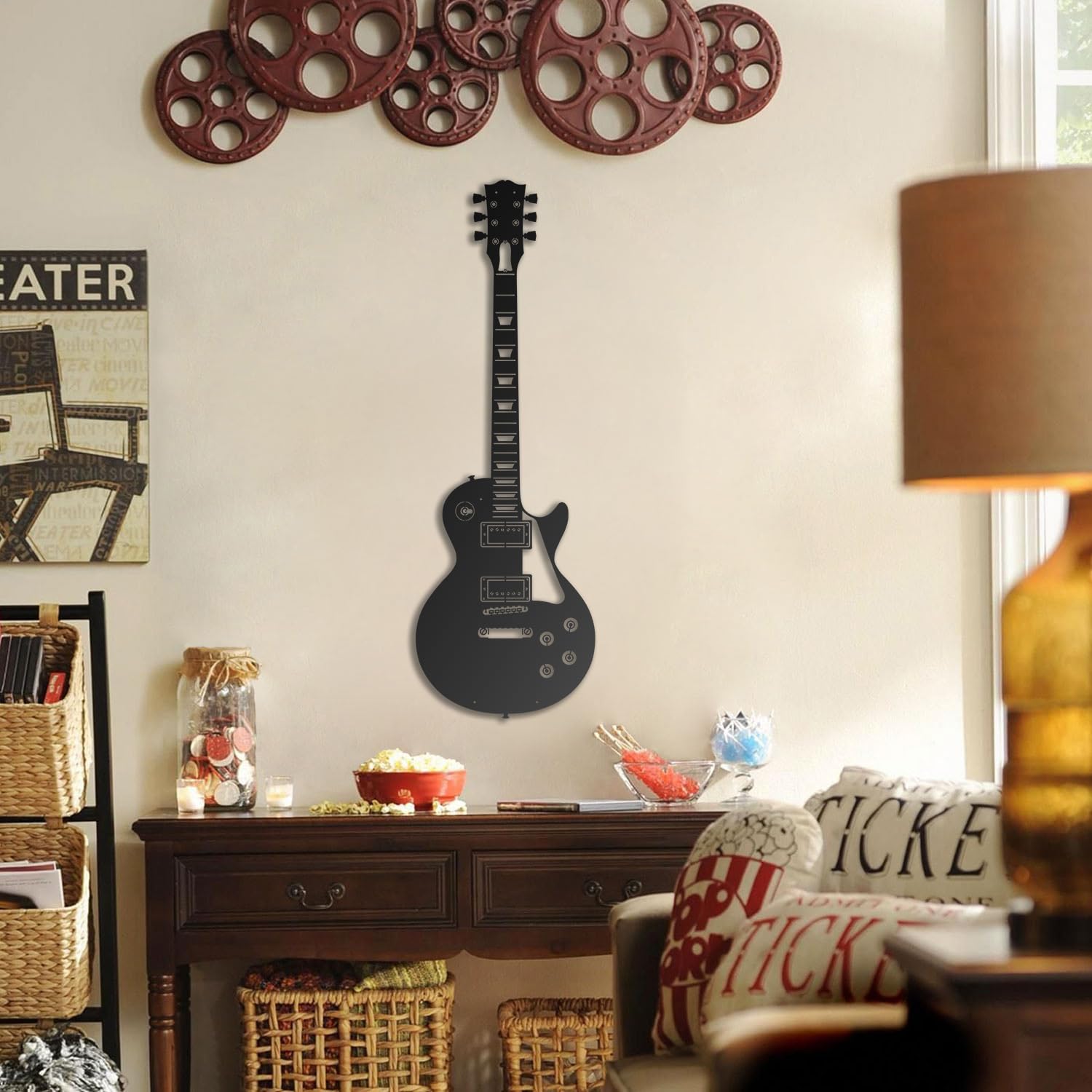 Ensemble d'art mural en métal avec silhouettes de guitare électrique emblématiques – Décoration de studio de musique rock classique et grotte d'homme – Noir (GT-02, 118 x 39 cm)