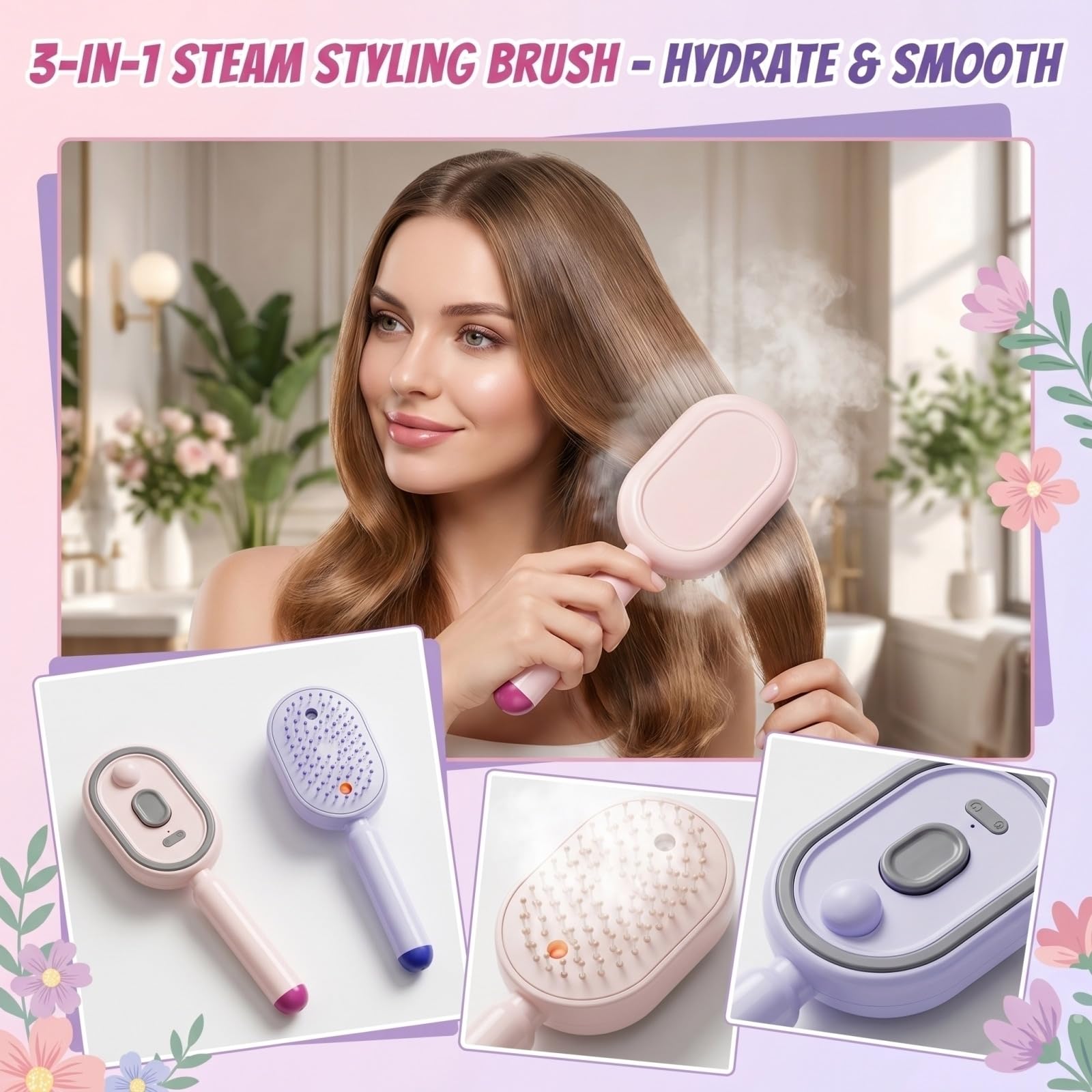 Cepillo de vapor eléctrico para cabello, alisador antiencrespamiento con pulverizador, masajeador capilar, kit completo 3 estilos，morado