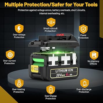 Futurebatt 20V Max Battery for DEWALT 20-Volt MAX Tools 6.0Ah Lithium Battery Replacement DCB206 DCB205 DCB204 DCB203 DCB201 DCB200 DCB181 DCB180 DCD DCF DCG DCS Series