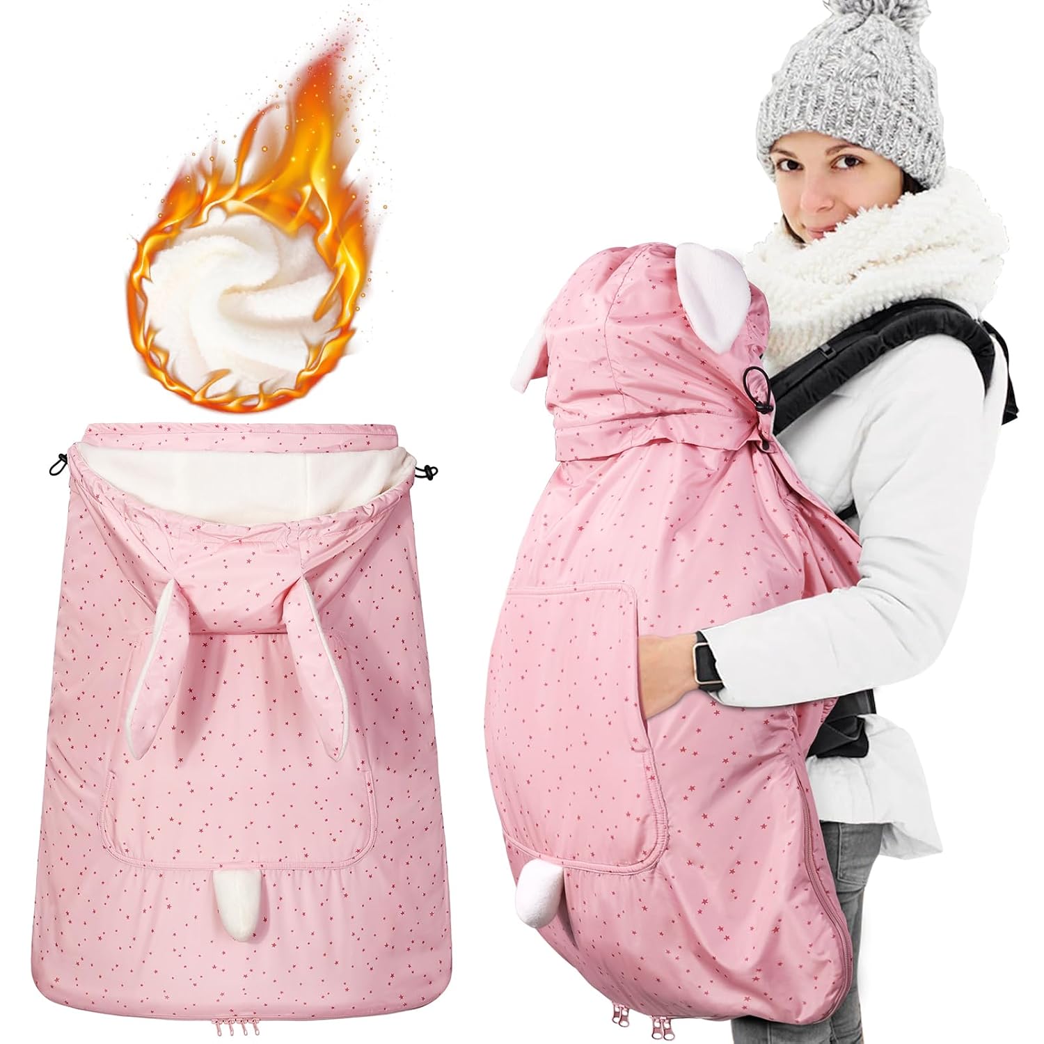 Orzbow Baby Winter Carrier Cover with Detachable Hood, Waterproof & Windproof, with Big Pockets, Universal Fit for Baby Carriers and Waist Stool | with Storage Bag, Pink Rabbit