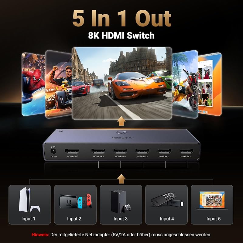 UGREEN 8K@60Hz HDMI Switch 5 bemenet 1 kimenet - Alumínium HDMI 2.1 elosztó HDR10+ támogatással, PS5/PS4/Xbox/Switch kompatibilis, tápegység