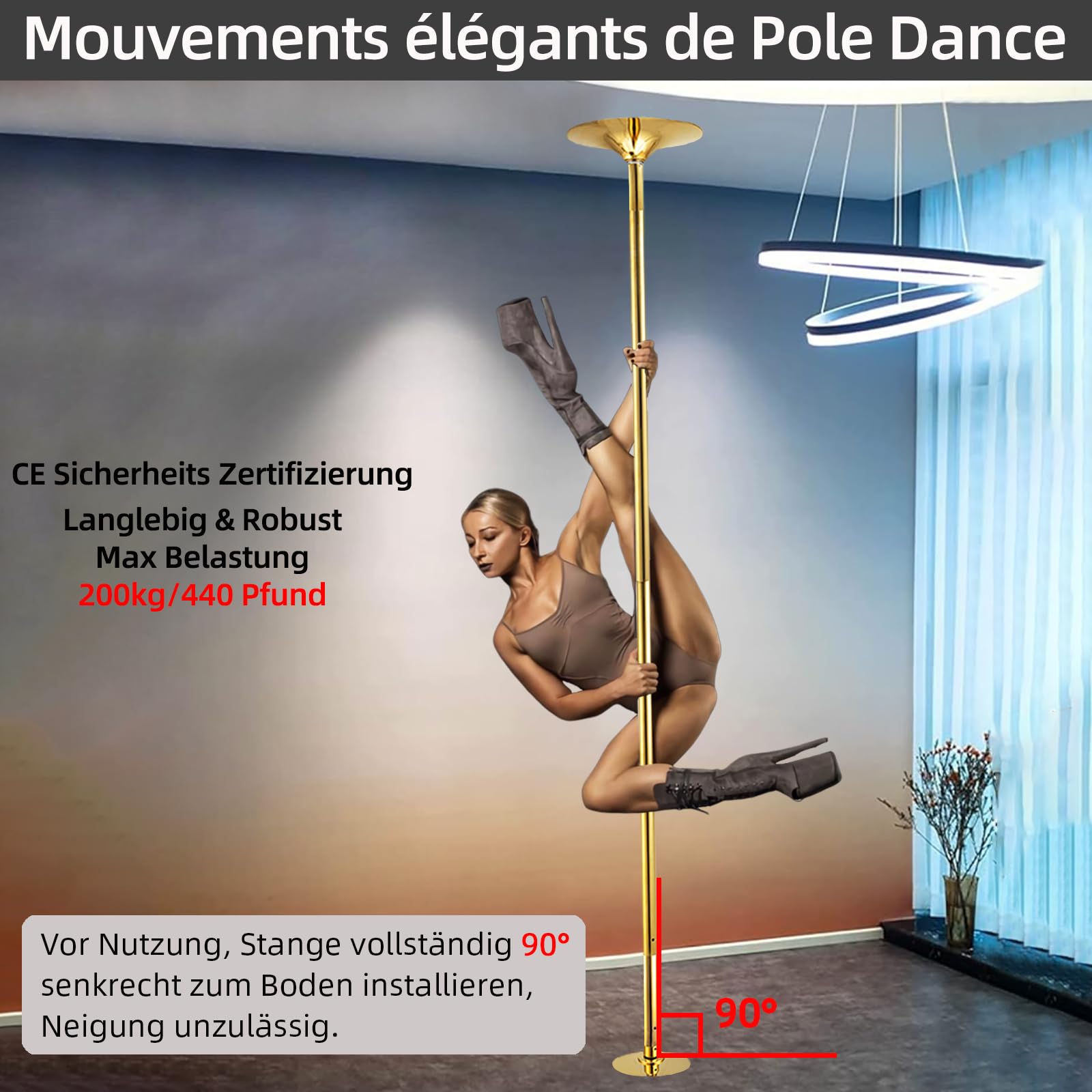 PRIOR FITNESS Barra de baile cromada 45 mm Altura regulable 2,23-2,7 m 2 modos giratorio/estático 200 kg sin taladrar