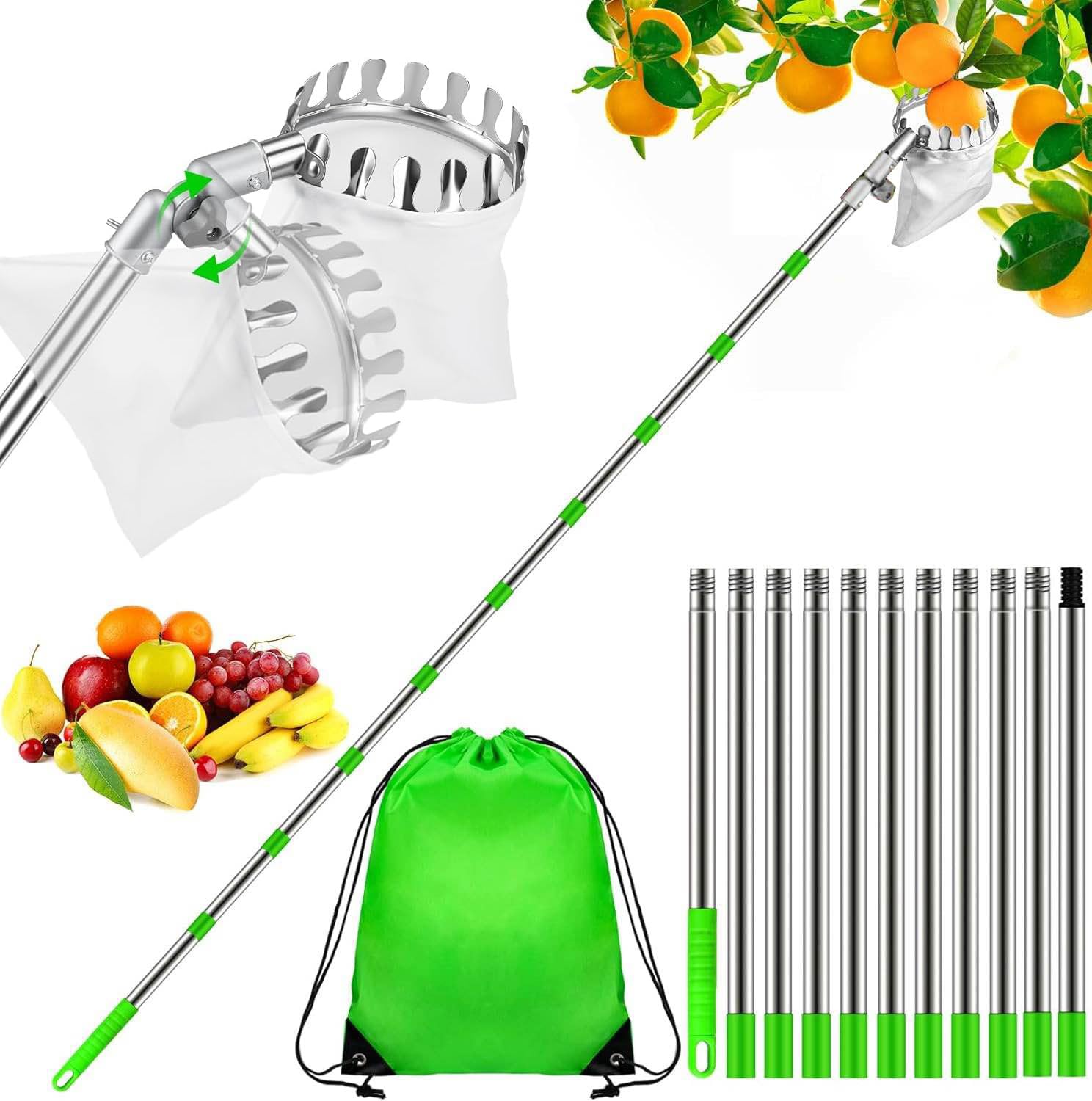 4.2m Obstpflücker mit Teleskopstiel, Apfelpflücker Obstpflücker, Kirschenpflücker mit Baumwollbeutel, Edelstahl Obstsammler für Kirschen, Kirschen Pflücker Pflaumenpflücker, Pflaumenpflücker (4.2m)