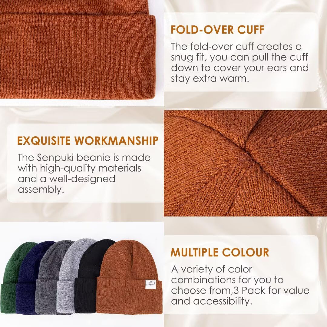 Paquete de 3 Gorros de Invierno con Forro de satén para Mujeres y Hombres, Gorro de Punto Suave y cálido con puños, Negro+Gris Claro+Beige, Talla única