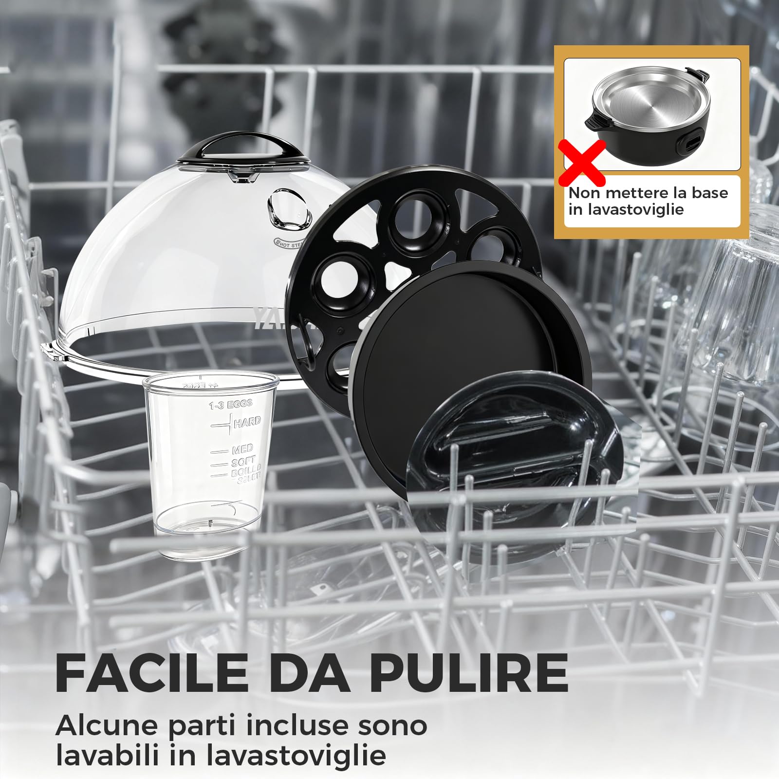 YASHE Cuociuova elettrico per 7 uova sode, medie e alla coque, in camicia, per frittate con vassoio e ciotola per uova senza BPA, spegnimento automatico, cicalino musicale, nero