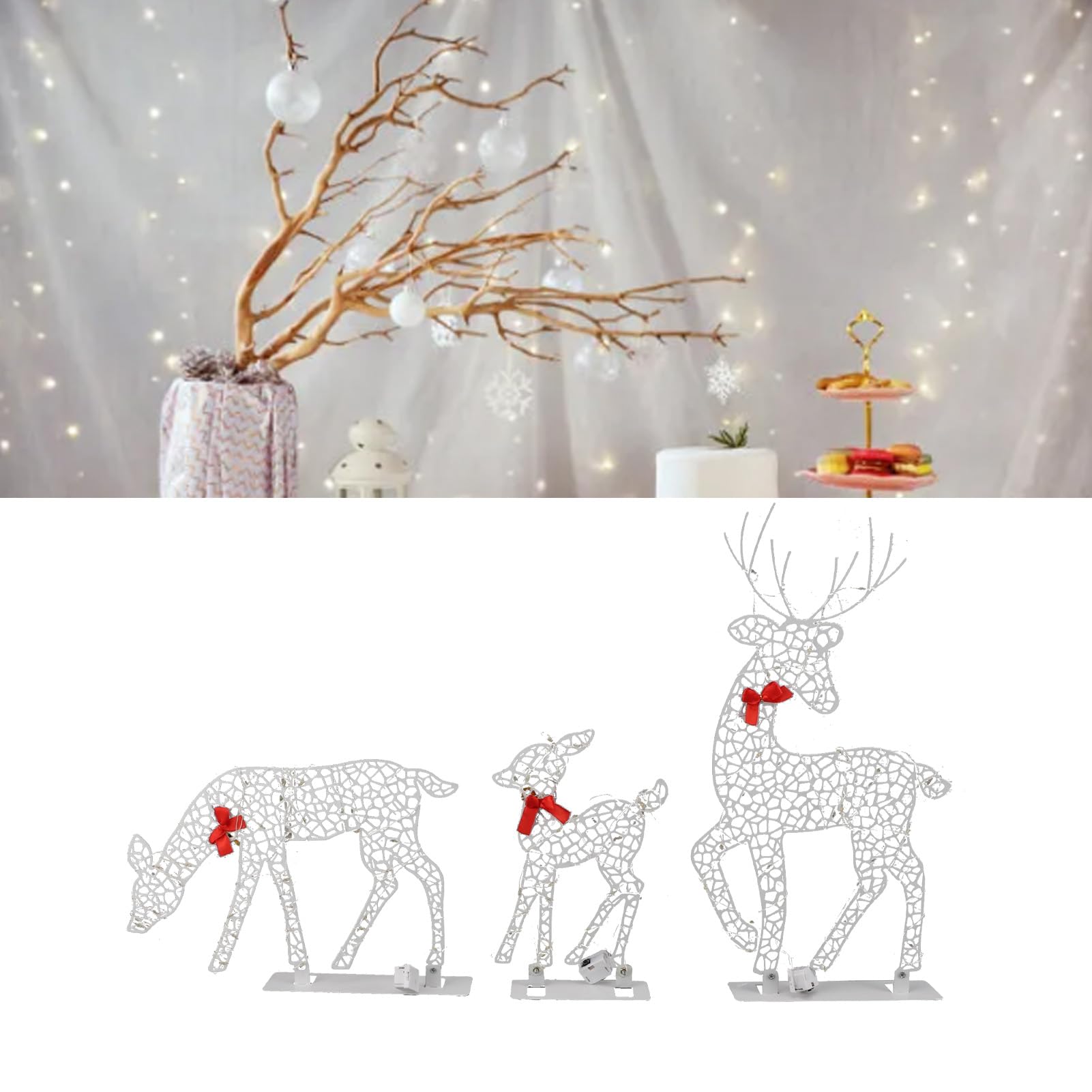 3 Stück beleuchtete Weihnachtsdekoration mit Hirsch, warmweißes Licht, Eisen-LED-Rentier-Familien-Set, Tischdekoration für drinnen und draußen (Leuchtender Hirsch ‑01)