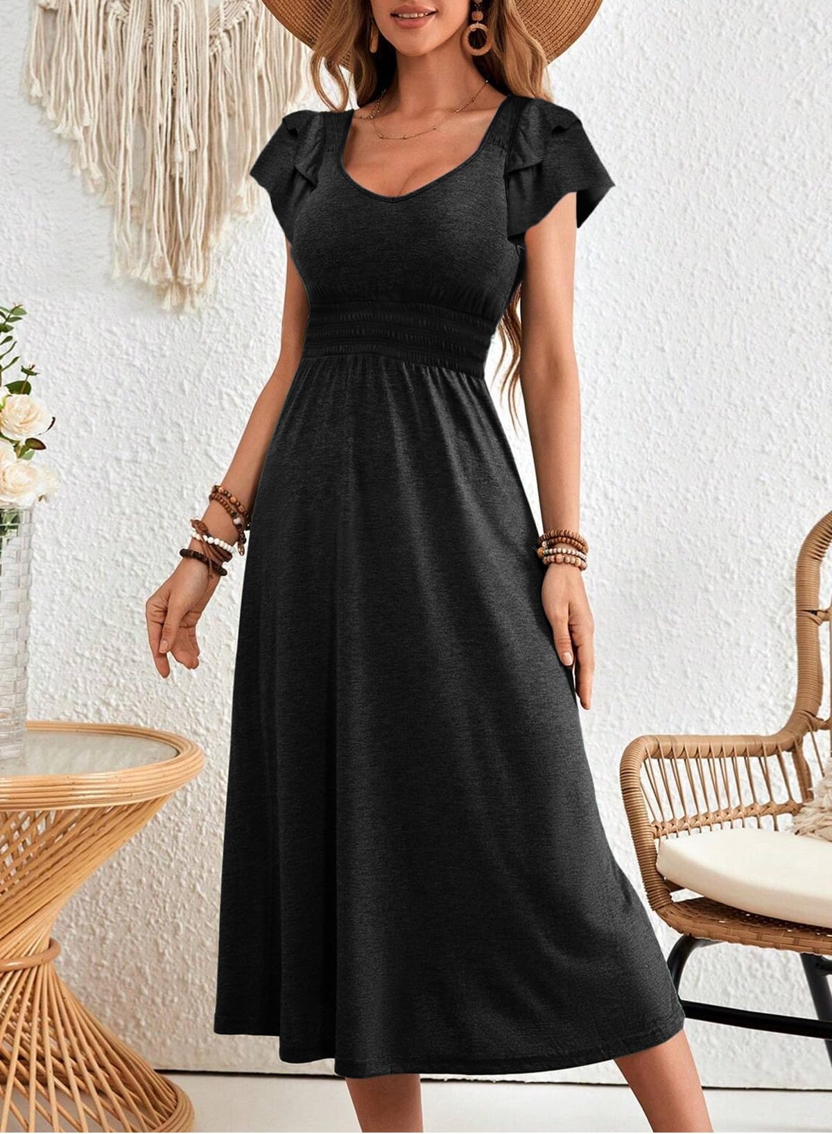 Dokotoo Women's Ruffle Short Sleeve High Waisted Midi Dress 2025 Spring Summer Casual Crewneck A-Line Dress