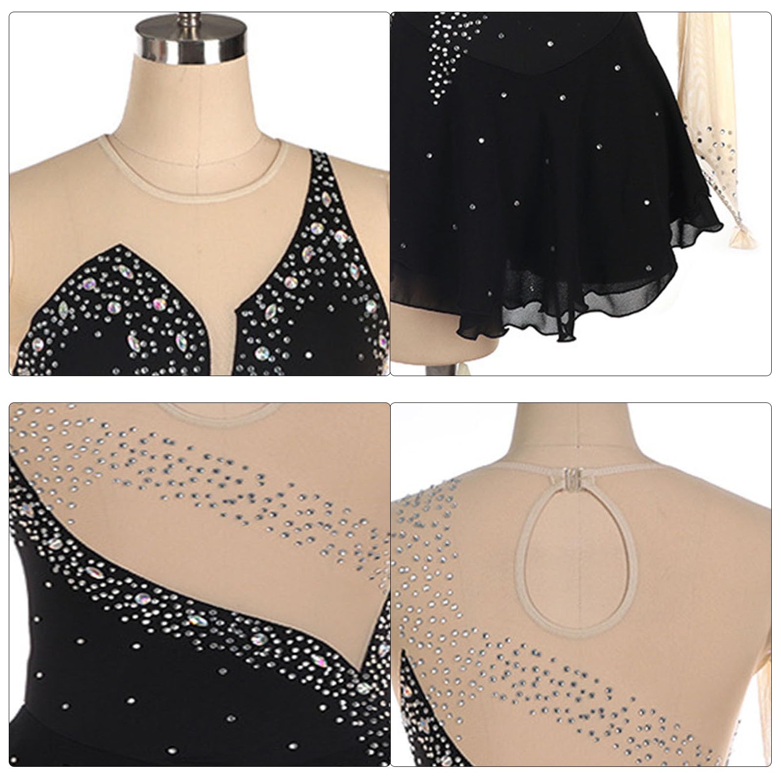 Vestito Da Pattinaggio Artistico Con Girocollo E Strass - Body Maniche Lunghe Per Danza E Competizioni - Foto 4
