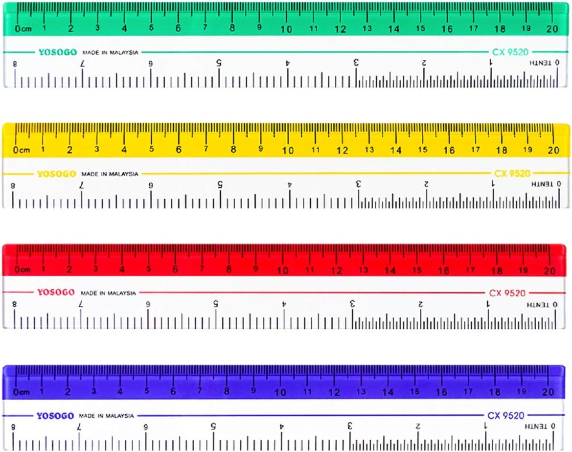 8 inch/20 cm Rulers. Pack of 12 of Premium Quality Plastic Transparent Rulers | Yellow, Green, Red, Blue