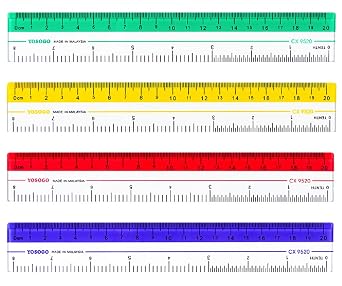 8 inch/20 cm Rulers. Pack of 12 of Premium Quality Plastic Transparent Rulers | Yellow, Green, Red, Blue