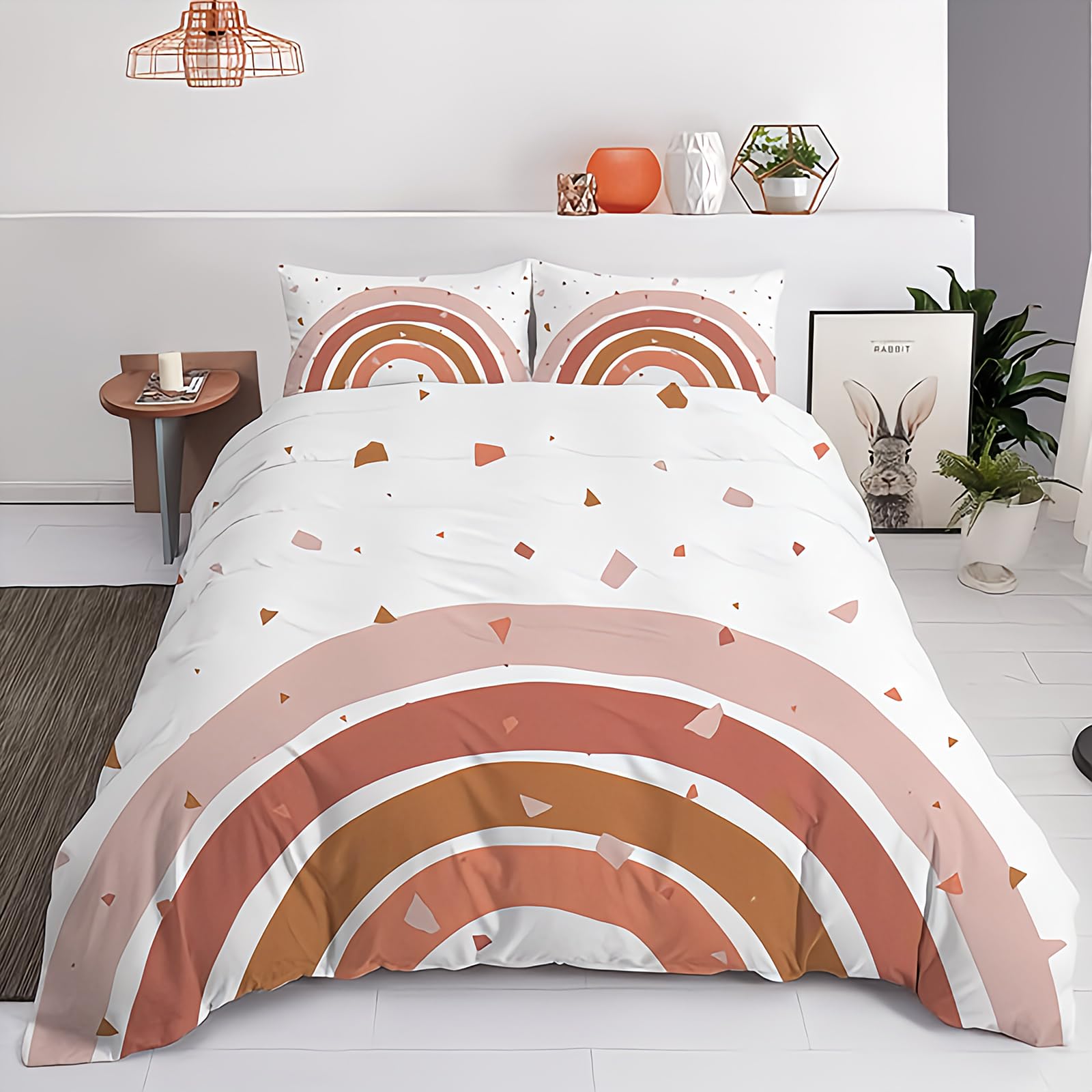Housse de Couette 220x240 Terracotta Arc-en-Ciel Parure de Lit 2 Personnes | Microfibre Douce avec 2 Taies 65x65cm, Motif Géométrique Moderne, Fermeture Éclair, Literie Réversible pour Adulte Fille