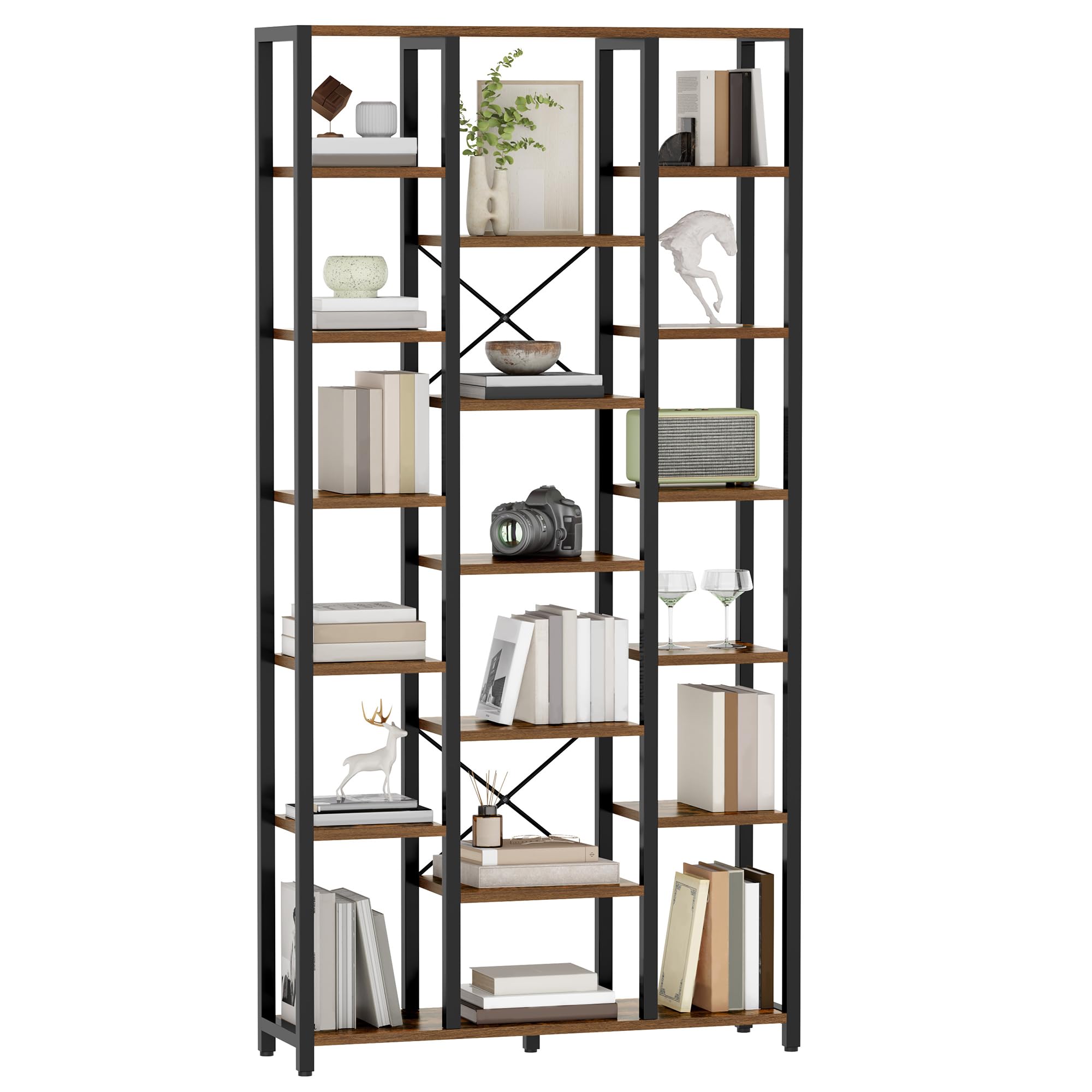 Hzuaneri Bücherregal Standregal 7 Ebenen 18 Ablagen verstellbare offene Ablagen 30 x 100 x 202 cm Vintagebraun-Schwarz