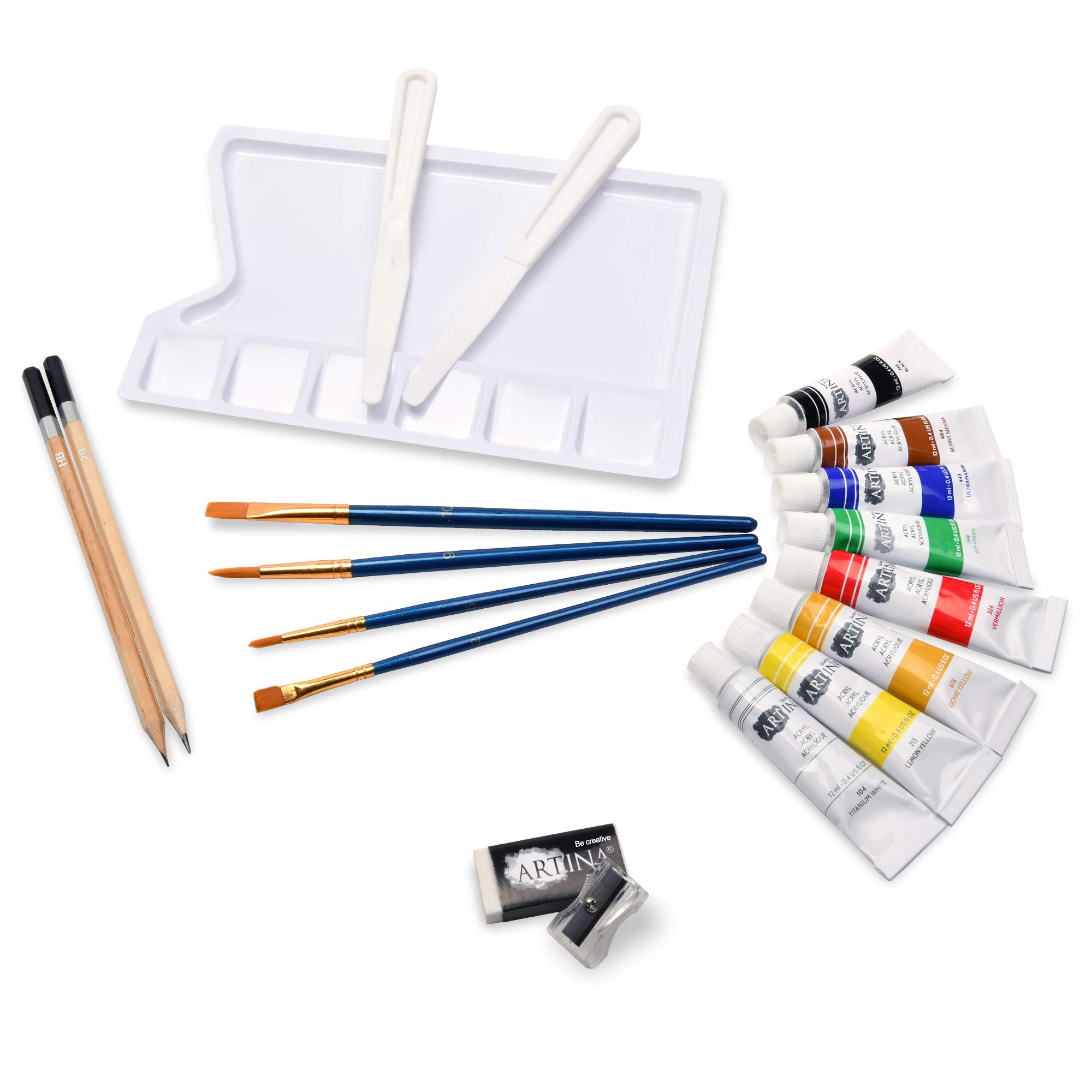 Artina 24 pcs kit peinture acrylique avec chevalet bois pour débutants | 150cm 5 toiles 8 couleurs 12ml pinceaux spatules palette coffret créatif enfants adultes réglable hauteur FSC set Corsica