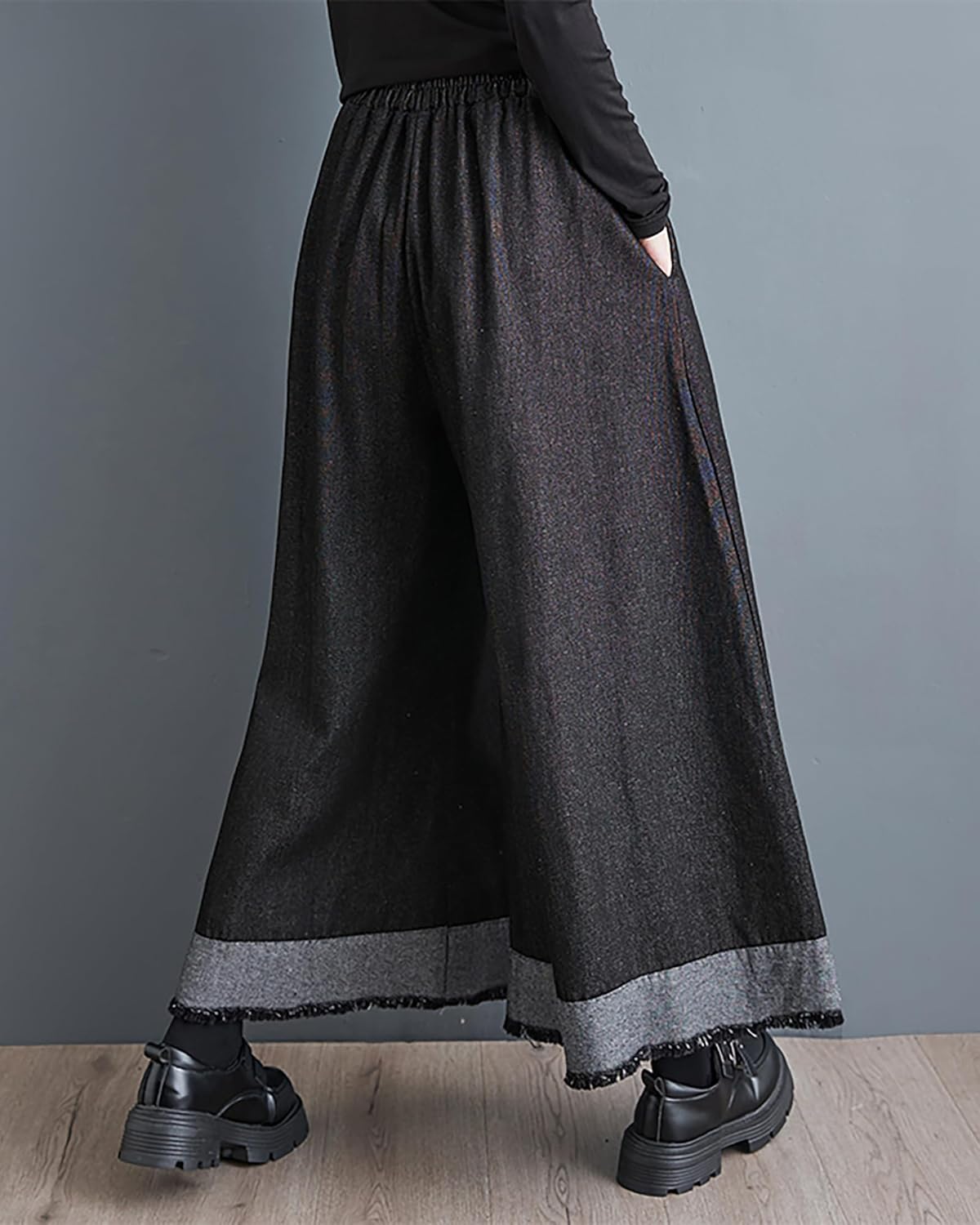 ellazhu Women's Skirt Wide Legs Elastic Waist Black and Grey Flowy Hem Baggy Loose Oversize GZ264 A