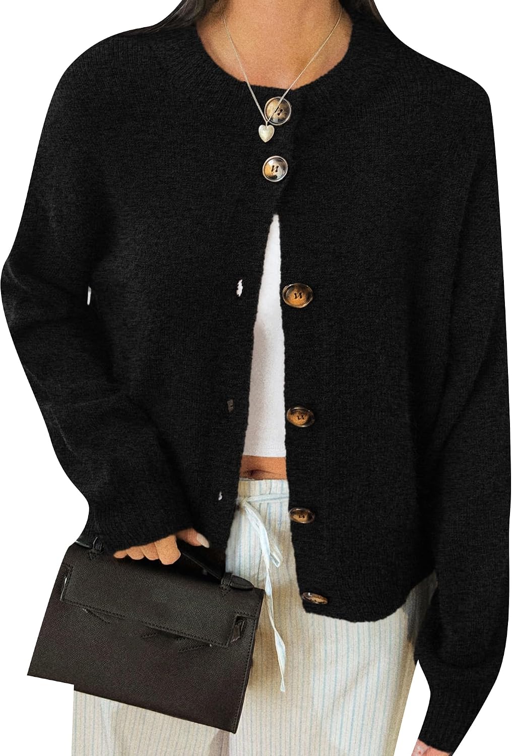 OMZIN Women Button Front Crewneck Autumn Cardigan Comfy Work Coat Knit Lightweight Long Sleeve Sweater