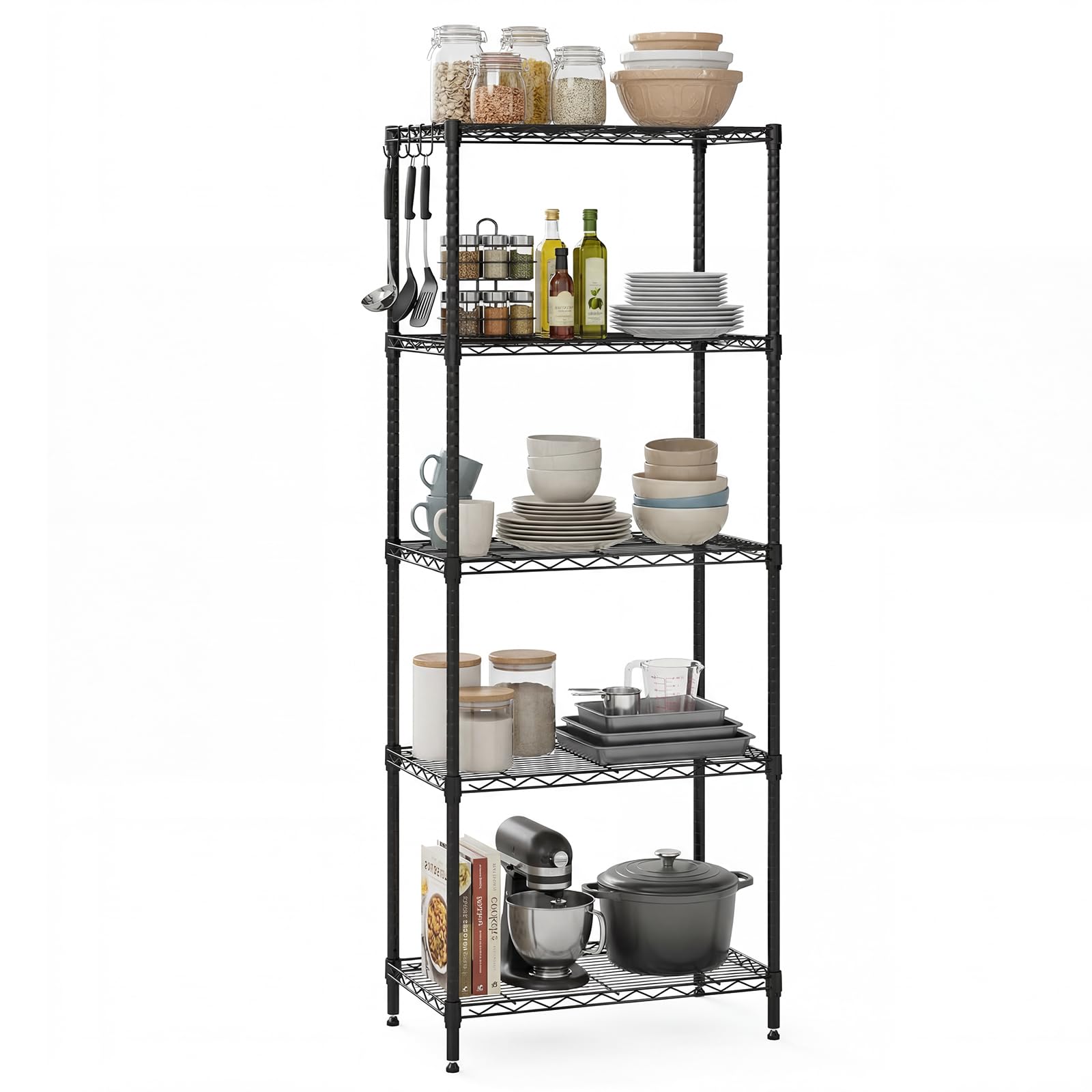 GiantexUK 3/4/5/6-Tier Wire Shelving Unit, Adjustable Heavy-Duty Metal Storage Shelves with 4 Hooks & Leveling Feet, Utility Storage Rack Organizer for Kitchen Pantry Garage Basement (Medium, 5)