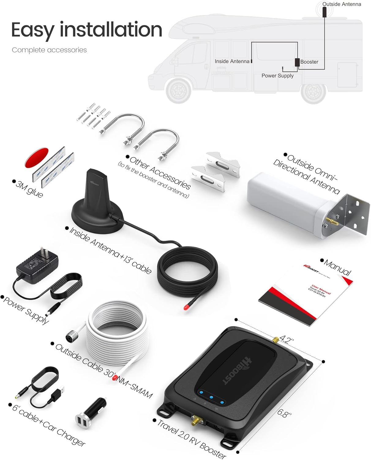 hiboost cell phone booster for rv boosts 4g 5g lte signal all u s carriers verizon att t mobile fcc approved omni directional roof antenna a
