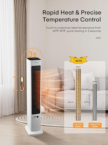 Miniatura 4 de FOHERE Ventilador de torre oscilante y calentador de espacio en uno para uso en interiores, ventilador de alta velocidad y calentador de seguridad